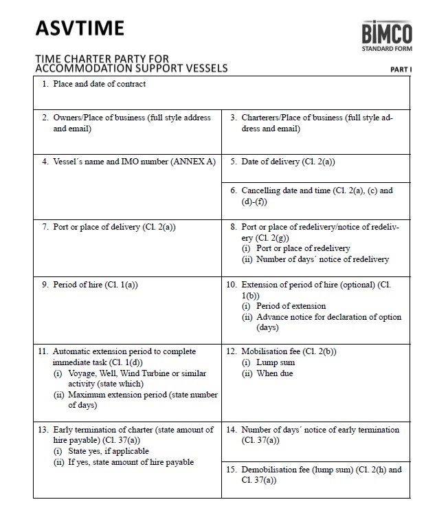 A “STANDARD FORM” title that reads “ASVTIME,” “TIME CHARTER PARTY FOR ACCOMMODATION SUPPORT VESSELS,” “PART ONE,” published by “BIMCO.”