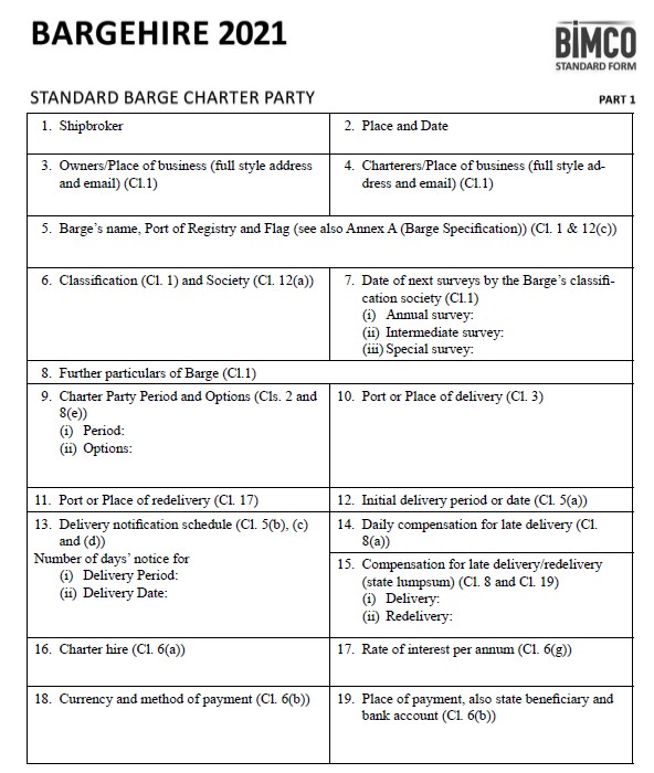 A “STANDARD FORM” title that reads “BARGEHIRE 2021,” “STANDARD BARGE CHARTER PARTY,” “PART ONE,” published by “BIMCO.”