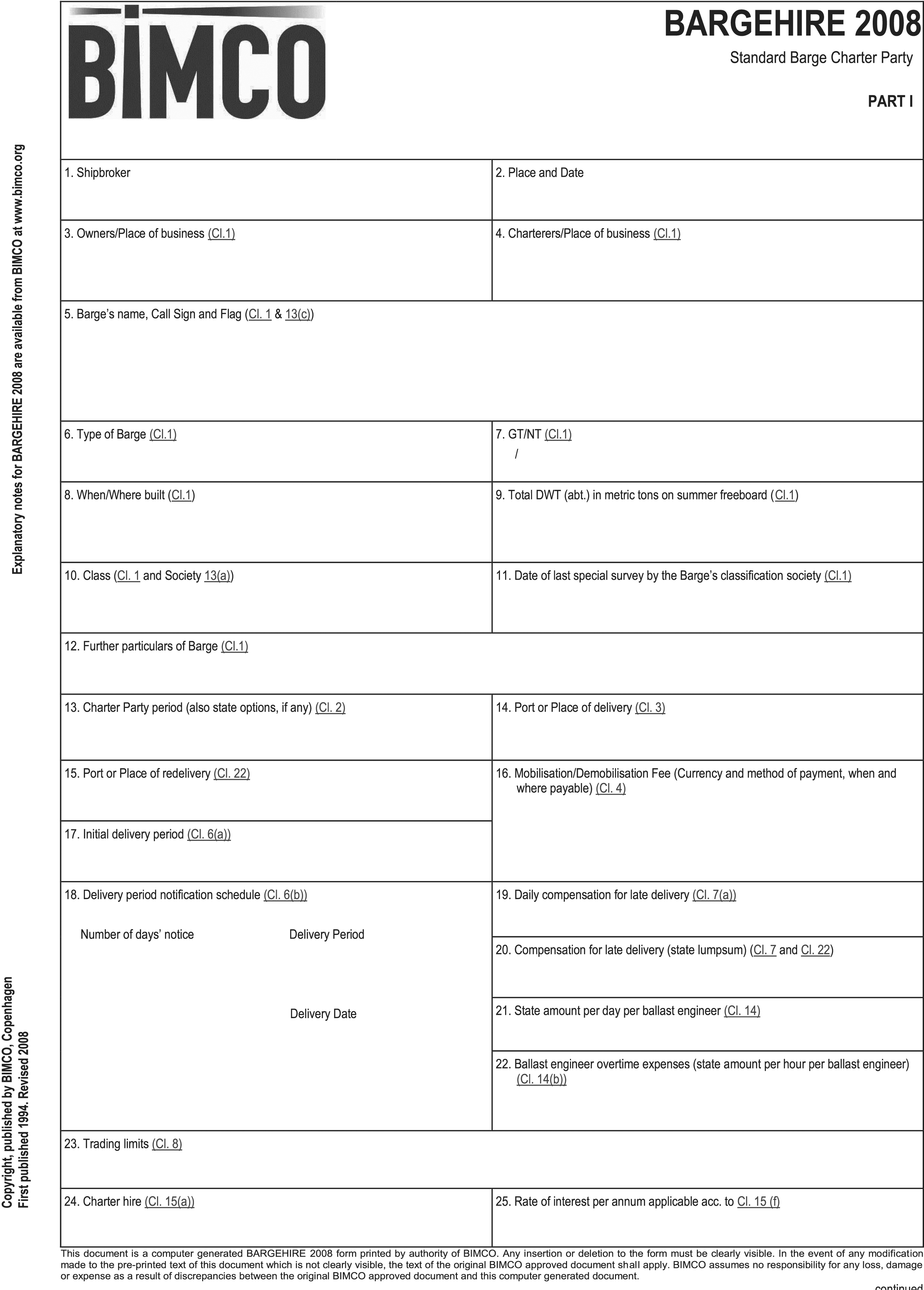A document titled Bargehire 2008, Part I, is a Standard Barge Charter Party form from BIMCO. The form contains 25 numbered boxes arranged in a grid for entering details. Key fields include Shipbroker, Owners and Charterers places of business, barge details like name and type, delivery ports, and financial terms like compensation and charter hire.