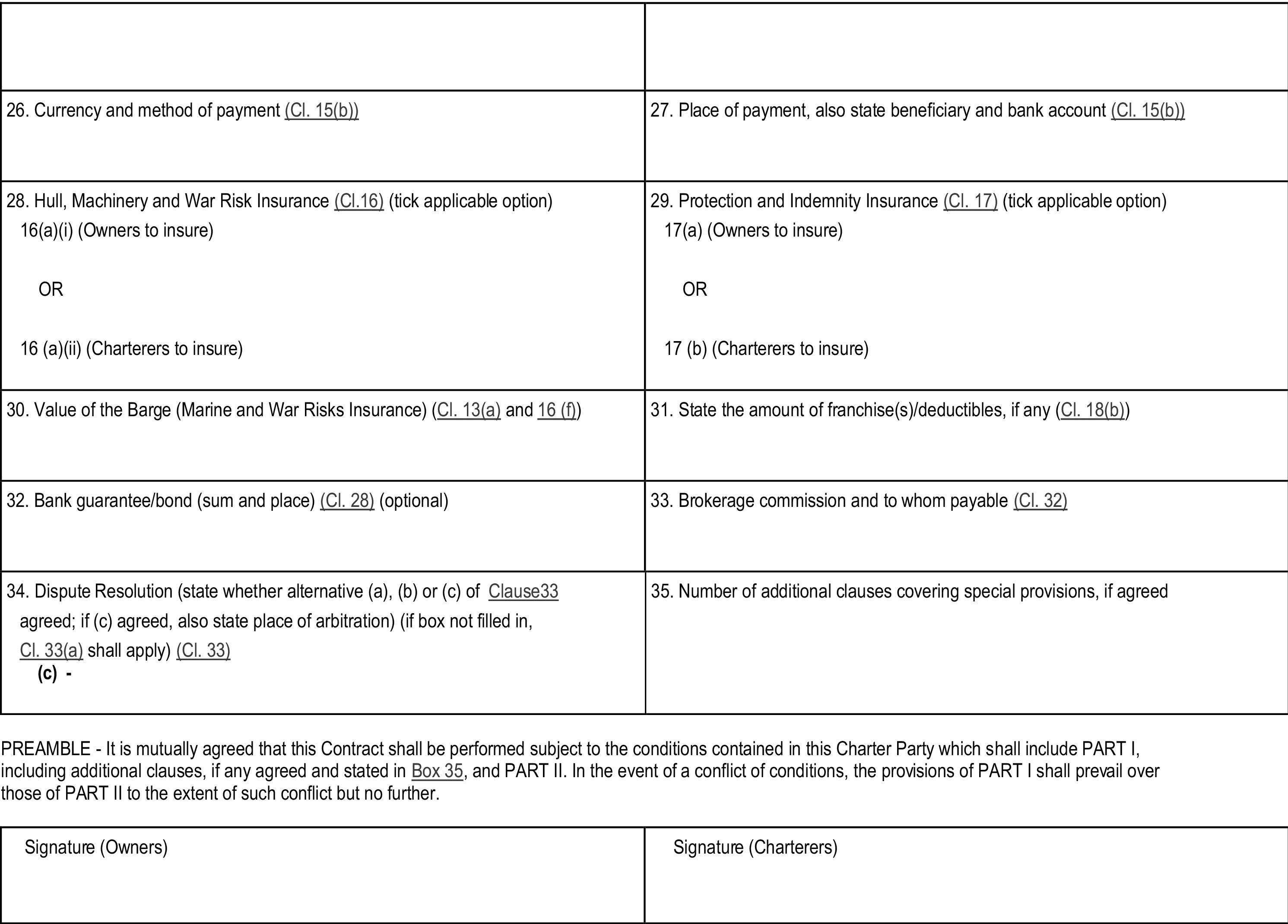 A form titled BARGEHIRE 2008 STANDARD BARGE CHARTER PARTY, PART I. It contains numbered clauses from 26 to 35 arranged in two columns. Topics include currency, payment, insurance, barge value, bank guarantees, deductibles, brokerage, and dispute resolution. A preamble paragraph is located below the clauses, followed by two signature boxes at the bottom for Owners and Charterers.