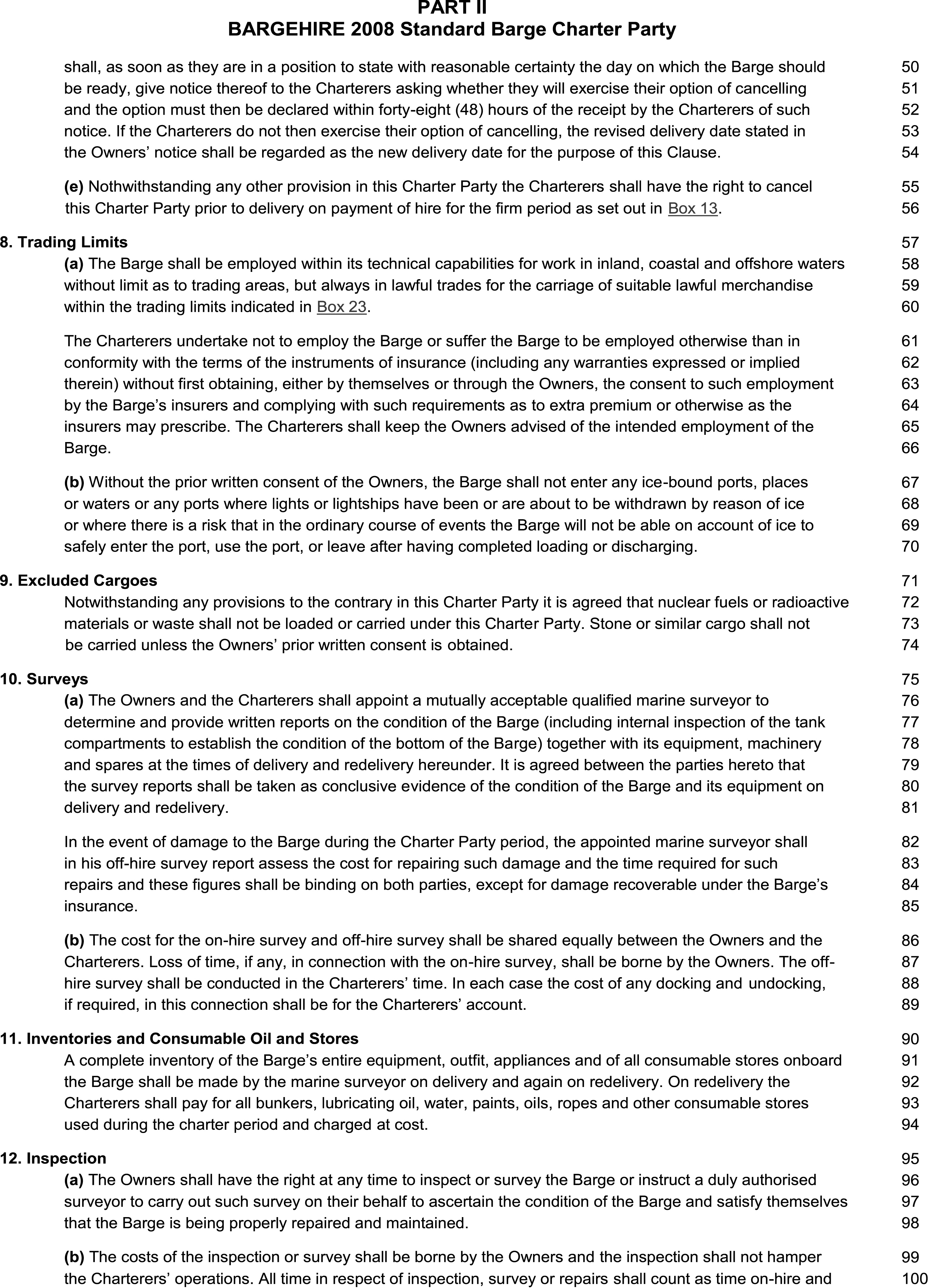 A page from a document titled BARGEHIRE 2008 Standard Barge Charter Party, Part 2. The document is divided into numbered sections with headings. The headings are 8. Trading Limits, 9. Excluded Cargoes, 10. Surveys, 11. Inventories and Consumable Oil and Stores, and 12. Inspection. Each section contains detailed clauses in paragraph format. Line numbers from 50 to 100 are listed along the right margin.
