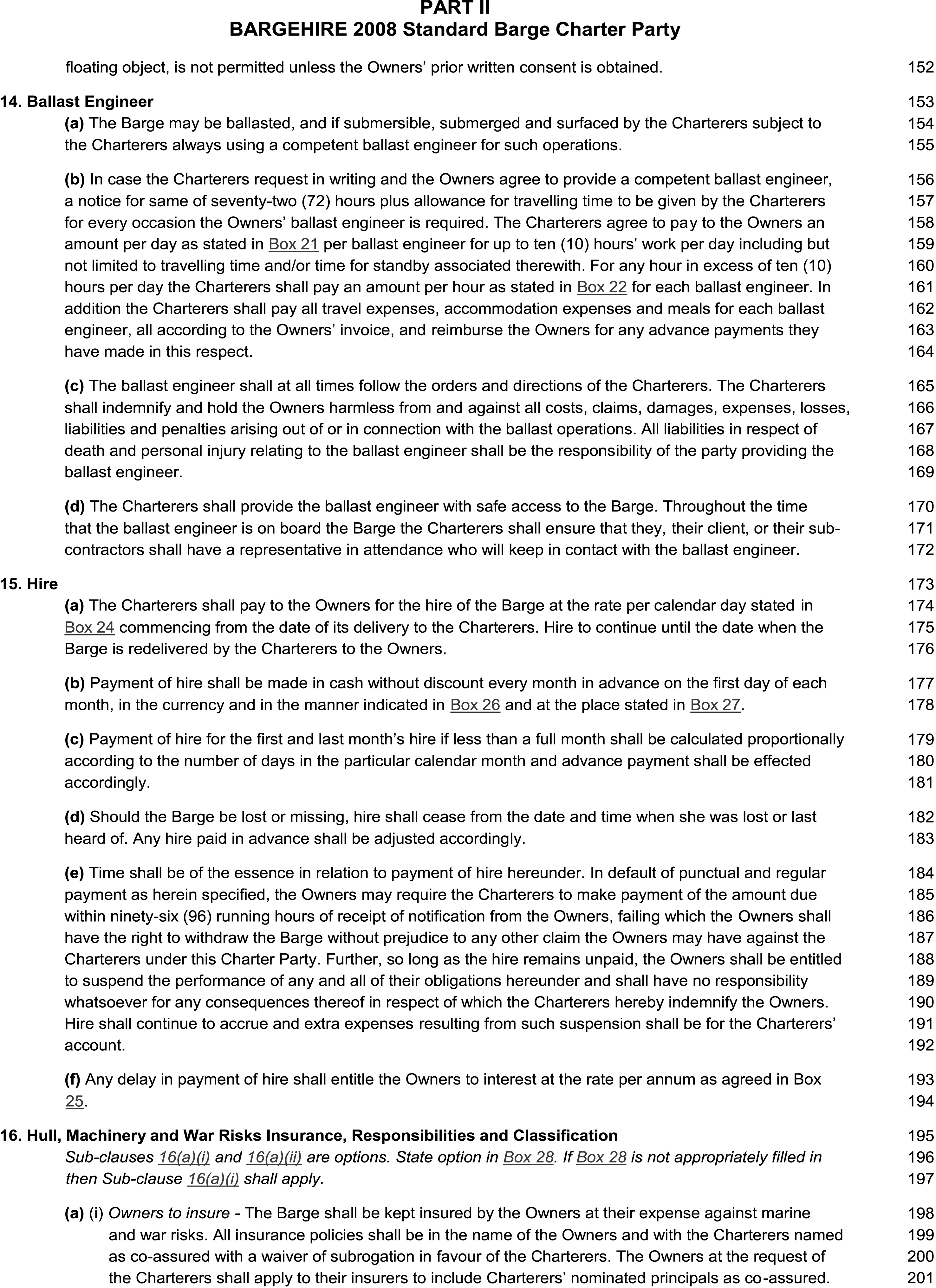 A page from a document titled“BARGEHIRE 2008 Standard Barge Charter Party,” which is identified as“APPENDIX 12” and“PART II.” The page contains numbered clauses with sub-clauses. The main headings are“14. Ballast Engineer,”“15. Hire,” and“16. Hull, Machinery and War Risks Insurance, Responsibilities and Classification.” Line numbers from 152 to 201 are listed in the right margin.