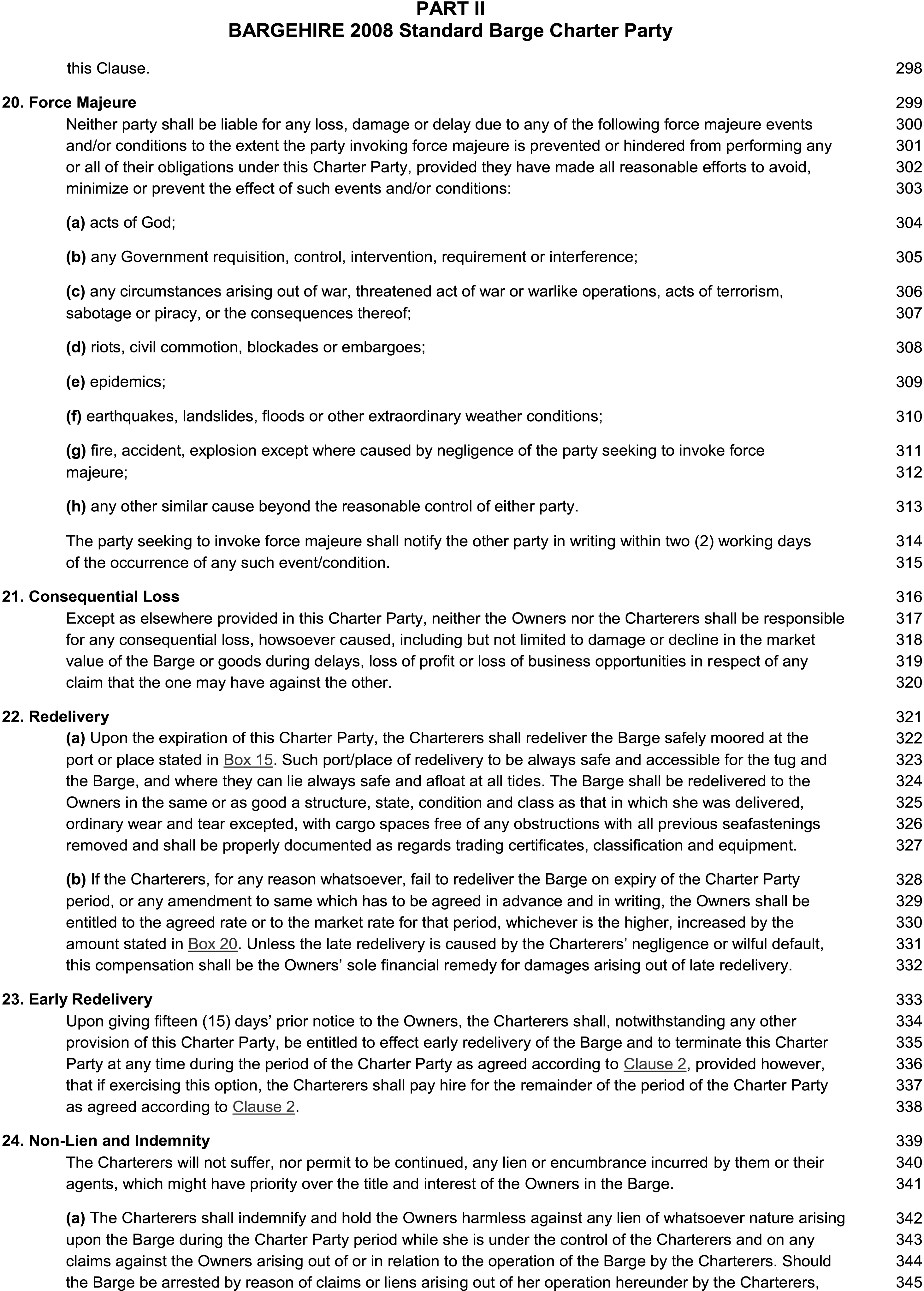 A page from a legal document titled BARGEHIRE 2008 Standard Barge Charter Party, identified as Appendix 12, Part 2. The page contains clauses 20 through 24, with headings for Force Majeure, Consequential Loss, Redelivery, Early Redelivery, and Non-Lien and Indemnity. Each section consists of paragraphs of text, and line numbers from 298 to 345 are listed on the right margin.