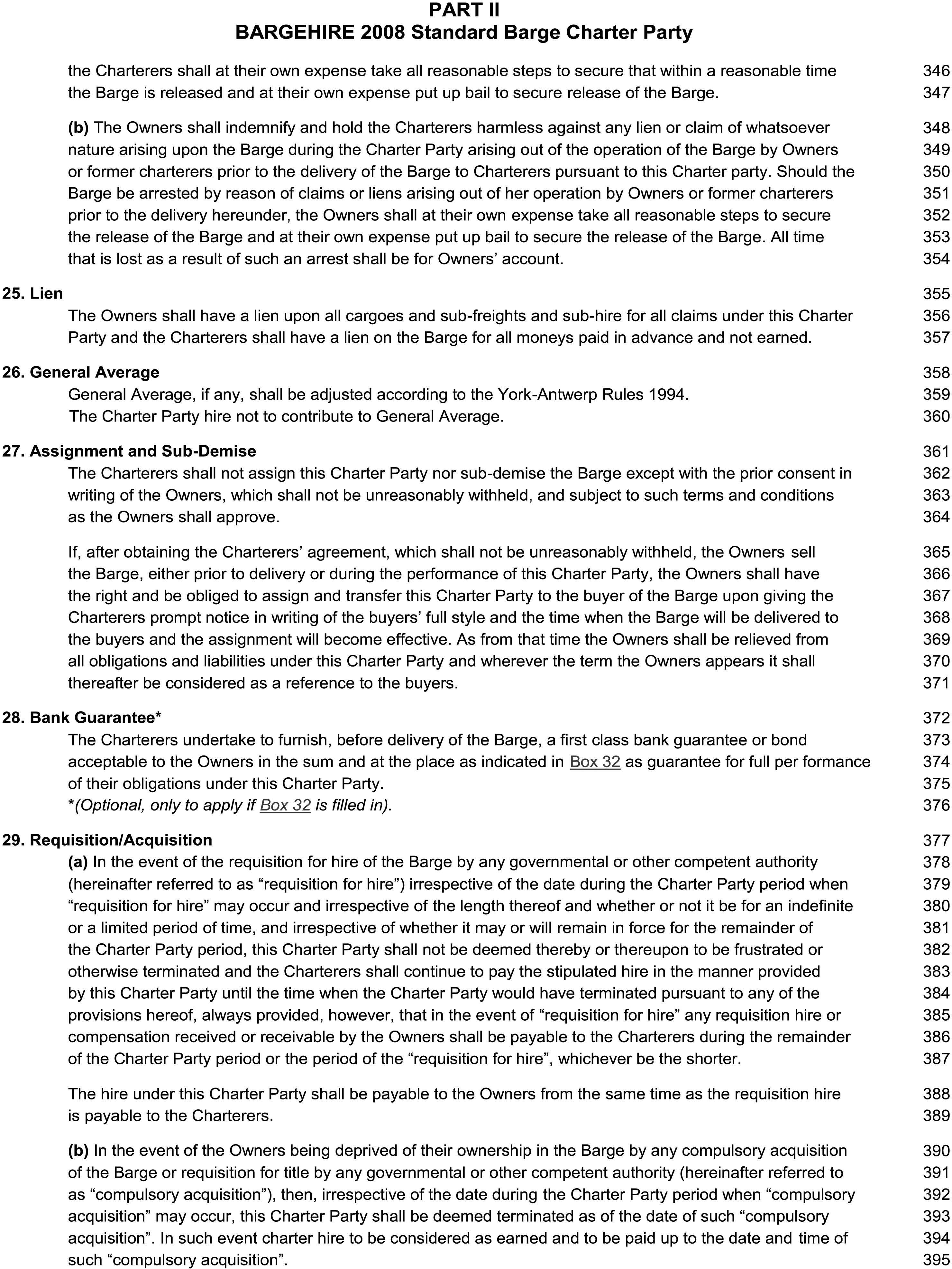 A page from a legal document titled BARGEHIRE 2008 Standard Barge Charter Party, Appendix 12, Part 2. The page displays clauses numbered 25 through 30, with titles including Lien, General Average, Assignment and Sub-Demise, Bank Guarantee, Requisition/Acquisition, and War Risks. Each clause is followed by paragraphs of text. Line numbers from 346 to 396 are listed along the right margin.