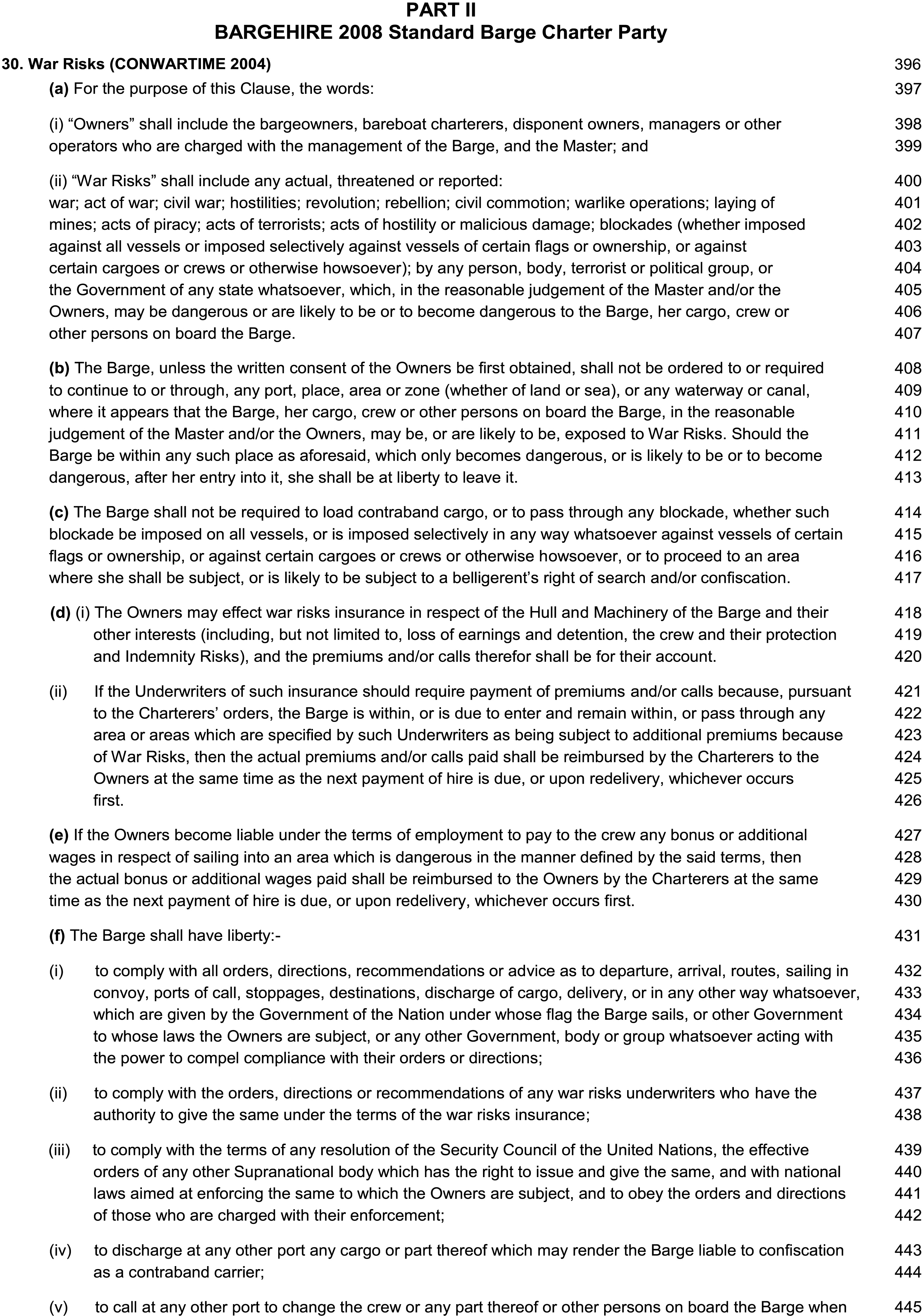 A legal document titled BARGEHIRE 2008 Standard Barge Charter Party, Part 2, Appendix 12, displays numbered clauses from a to f. Line numbers from 397 to 445 are listed on the right margin. The clauses define terms like Owners and War Risks and detail conditions for dangerous areas, contraband cargo, war risks insurance, crew wages, and the barge’s liberties.