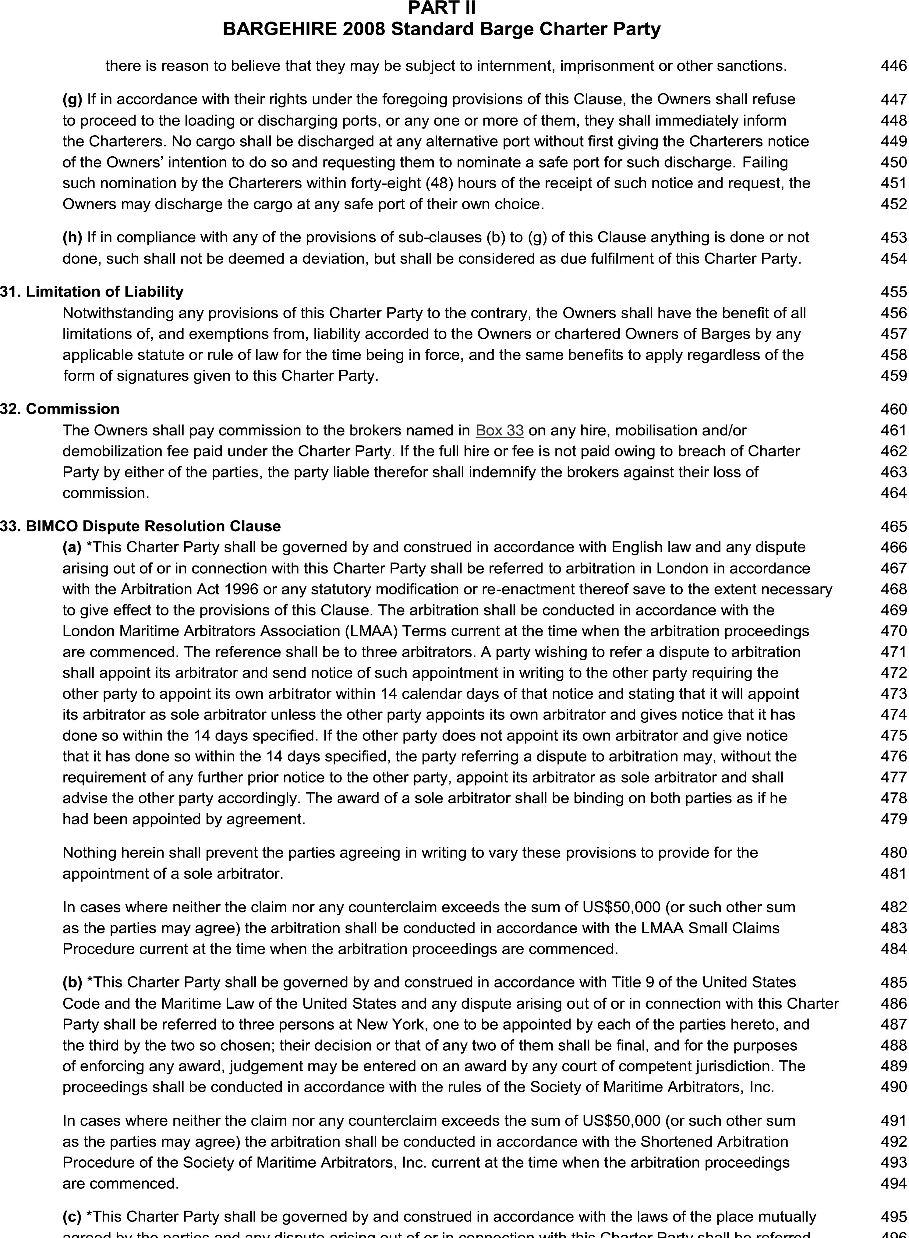 A legal document page, titled BARGEHIRE 2008 Standard Barge Charter Party, Appendix 12, Part 2, displays clauses 31, 32, and 33. The clause titles are Limitation of Liability, Commission, and BIMCO Dispute Resolution Clause. Clause 33 is divided into subsections a, b, and c, which detail arbitration procedures governed by English law in London and United States law in New York. Line numbers from 446 to 496 run down the right margin of the page.