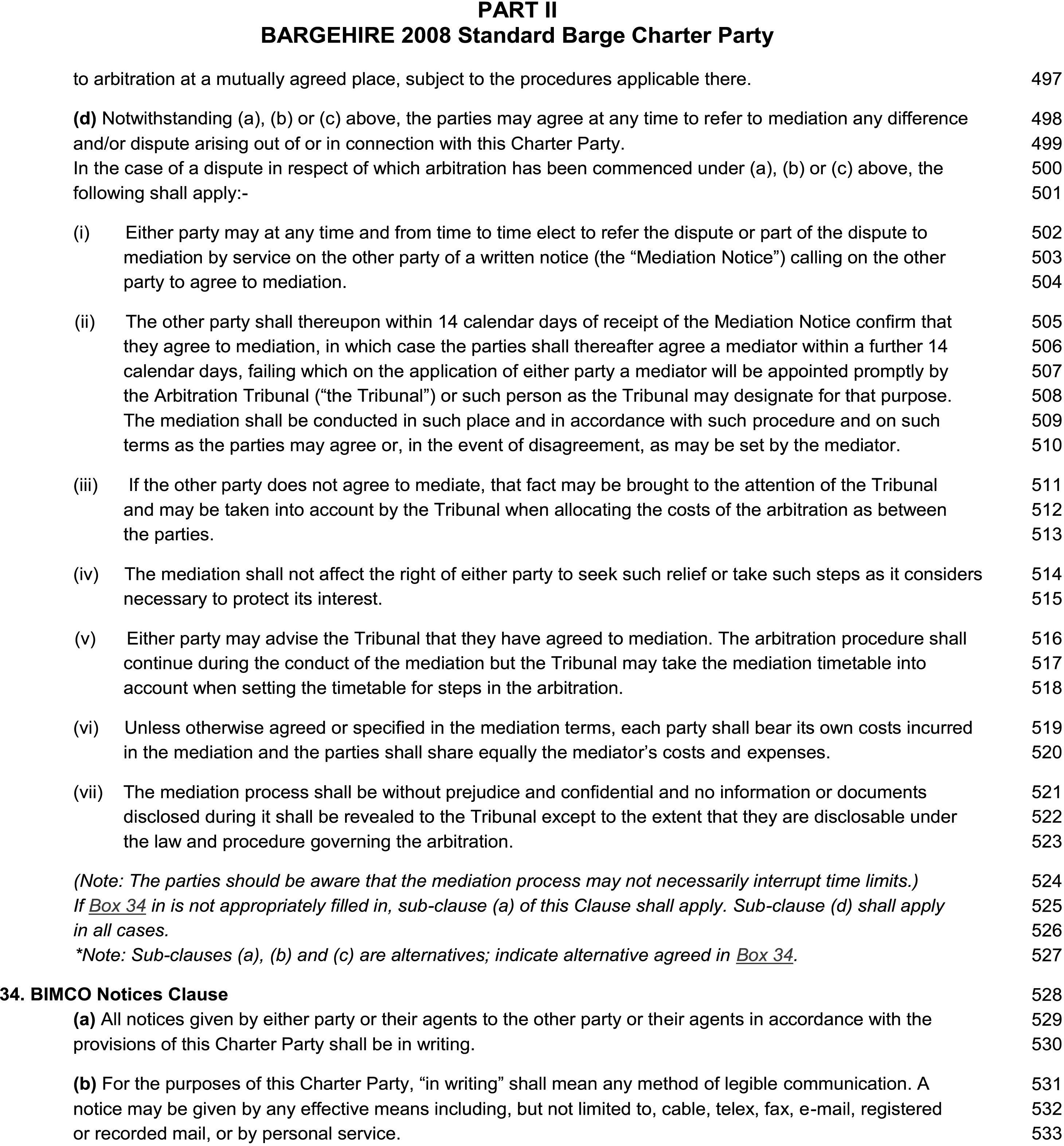 A page from a legal document titled BARGEHIRE 2008 Standard Barge Charter Party, Appendix 12, Part 2. The page details a mediation process under clause (d), which contains sub-clauses (i) through (vii). It also displays the beginning of clause 34, titled BIMCO Notices Clause, with sub-clauses (a) and (b). Notes on the page refer to alternative agreements in Box 34. Line numbers from 497 to 533 are listed in the right margin.