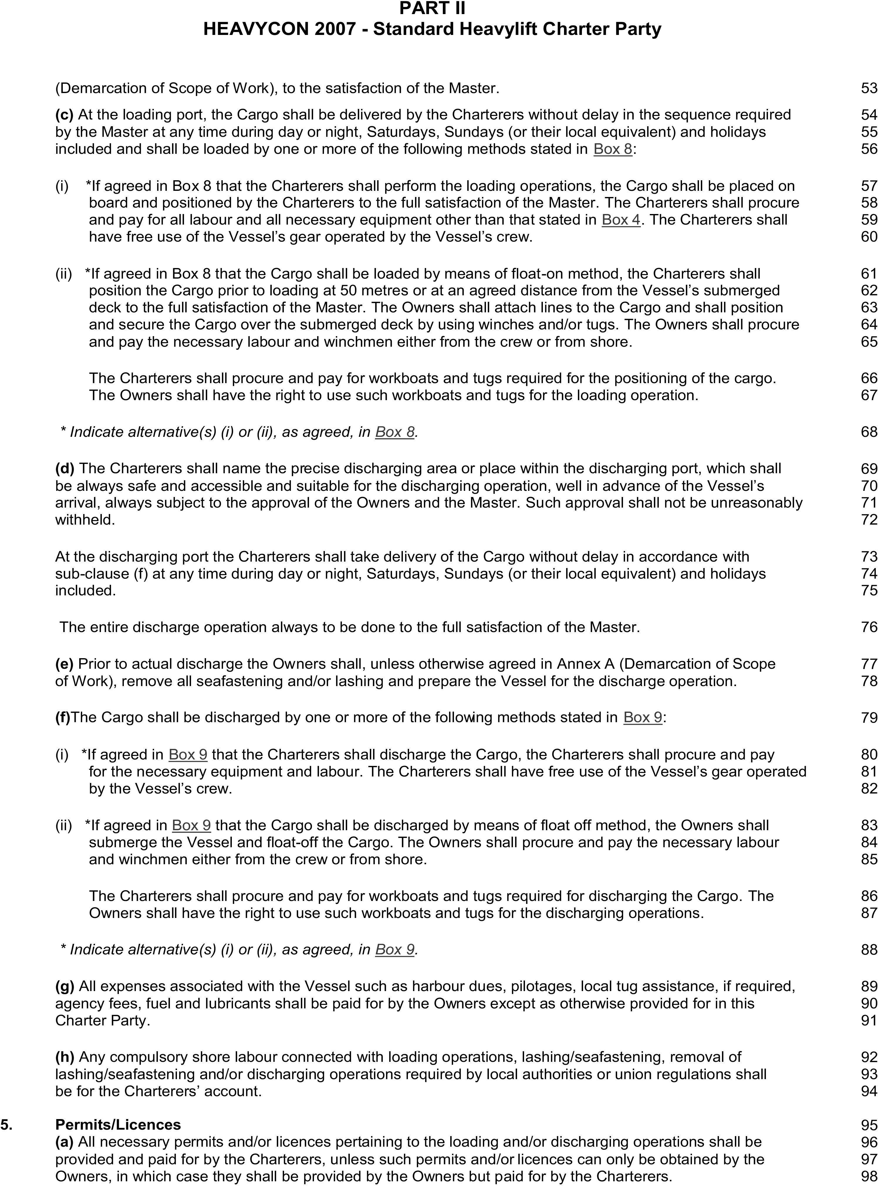 A page from a legal document titled HEAVYCON 2007, Standard Heavylift Charter Party, Appendix 8, Part 2. It displays clauses lettered c through h and a numbered clause 5, Permits/Licences. Some clauses contain sub-clauses labeled with Roman numerals. The text details procedures for cargo loading, discharging, vessel expenses, and permits. Line numbers from 53 to 98 are listed along the right margin.