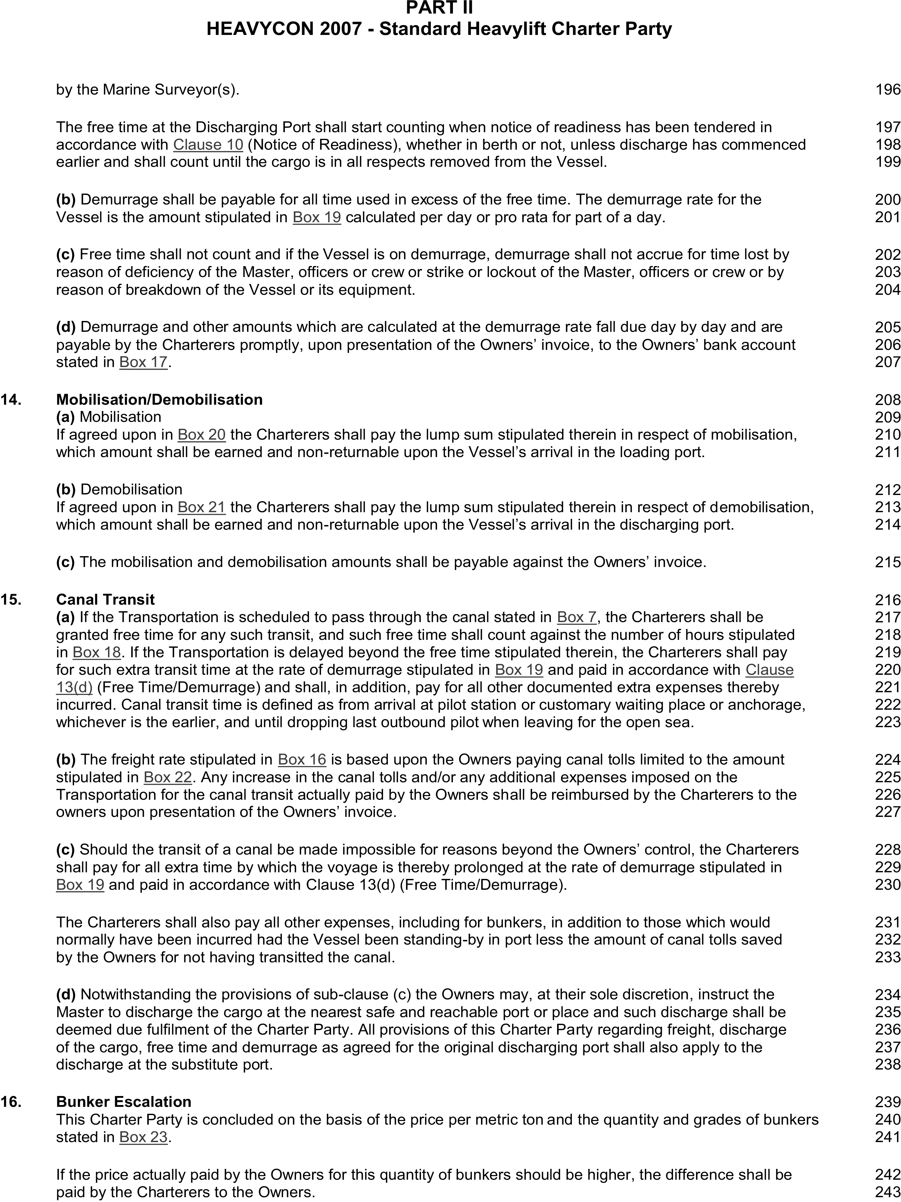 A page from a legal document titled HEAVYCON 2007, Standard Heavylift Charter Party, labeled Appendix 8, Part 2. The page displays clauses with titles including 14. Mobilisation/Demobilisation, 15. Canal Transit, and 16. Bunker Escalation. These clauses are further divided into lettered sub-clauses. Line numbers from 196 to 243 are listed on the right margin of the document.