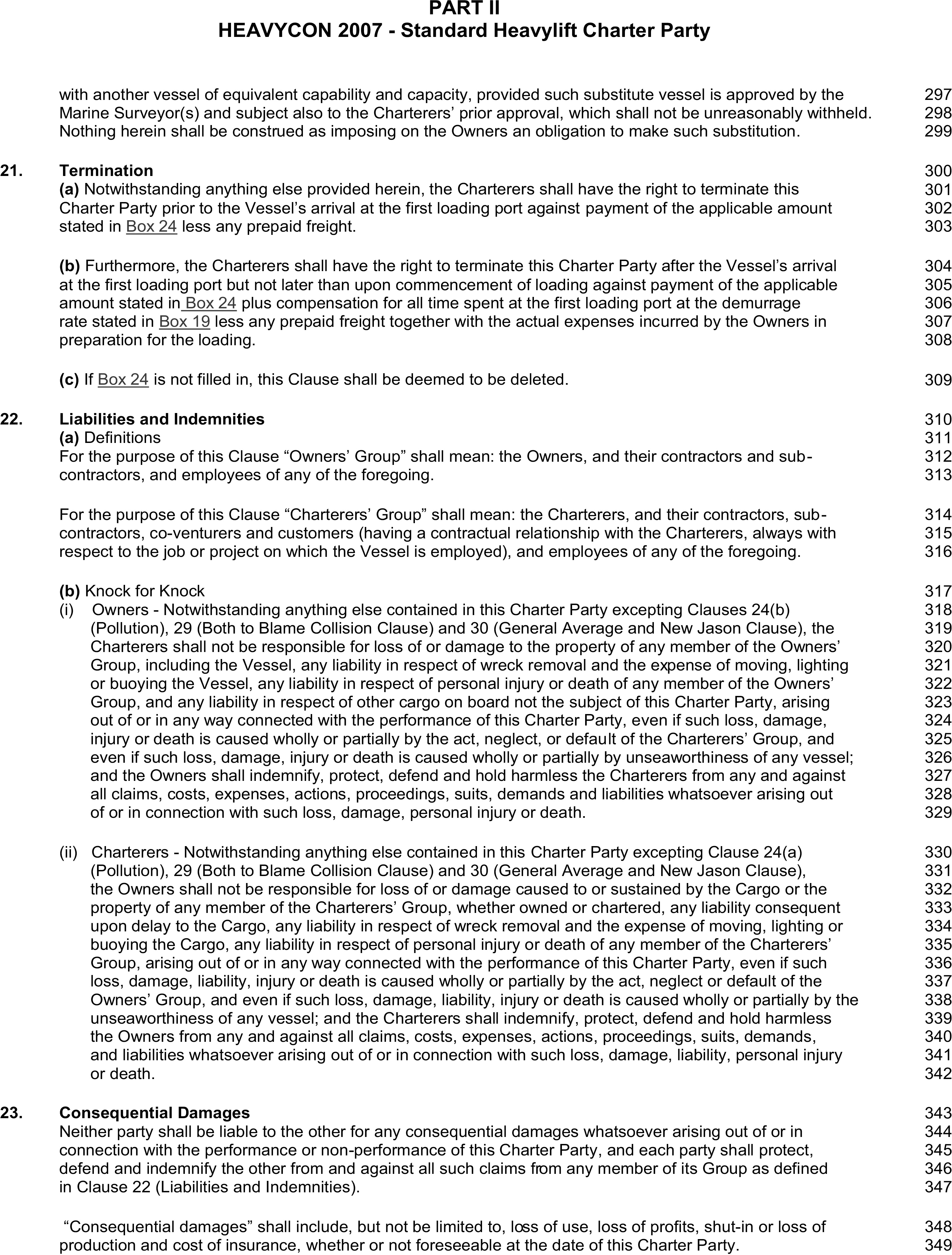 A page from a legal document titled HEAVYCON 2007 Standard Heavylift Charter Party, Appendix 8, Part 2. The page displays clauses 21 through 24, with titles including Termination, Liabilities and Indemnities, Consequential Damages, and Pollution. Some clauses contain lettered and numbered sub-clauses. A column of line numbers from 297 to 350 runs along the right margin of the document.