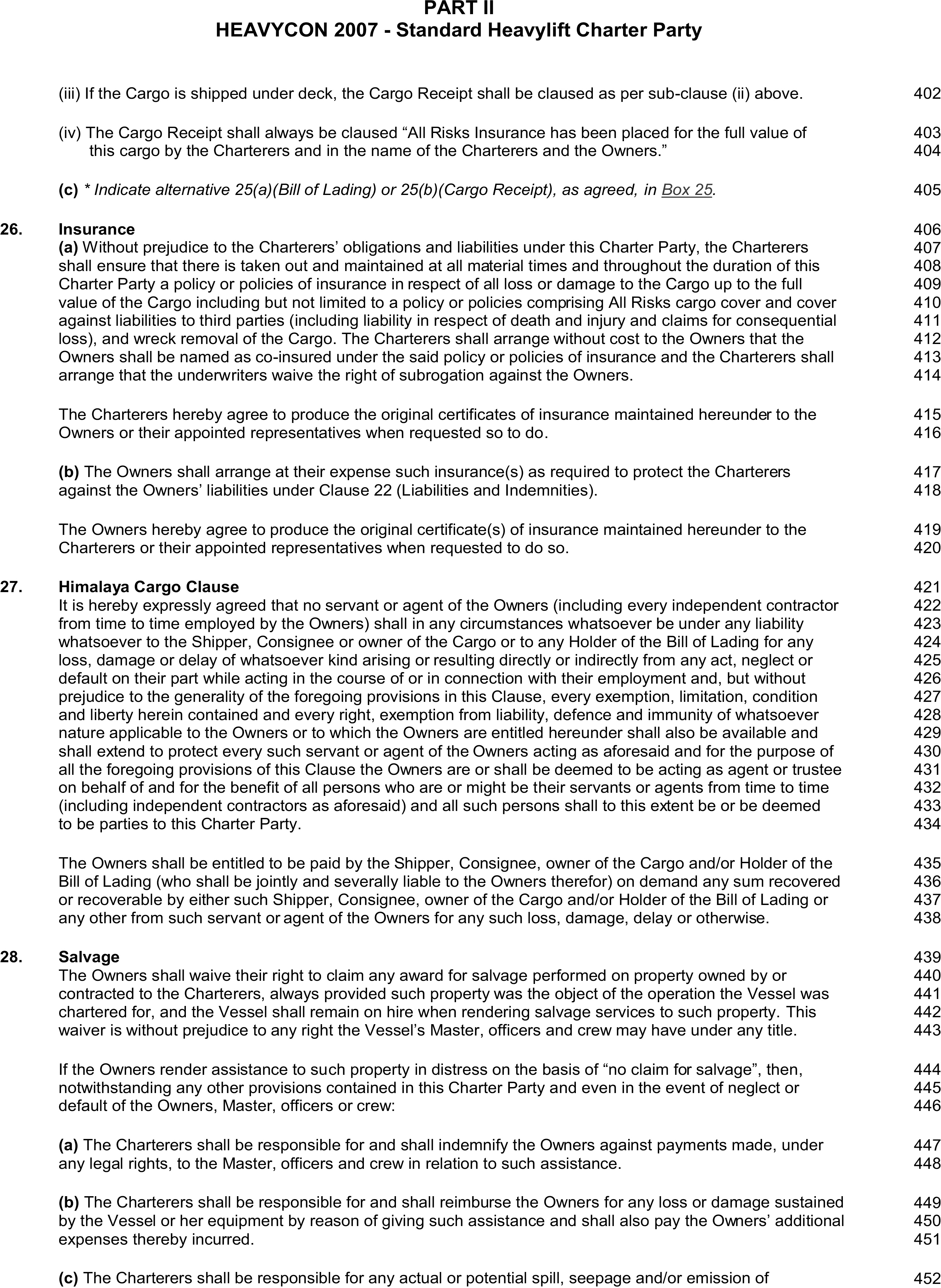 A legal document page titled HEAVYCON 2007 - Standard Heavylift Charter Party, labeled Appendix 8, Part 2. It displays numbered clauses with corresponding text and sub-clauses. The main clauses shown are 26. Insurance, 27. Himalaya Cargo Clause, and 28. Salvage. A column on the right side of the page lists line numbers ranging from 402 to 452.