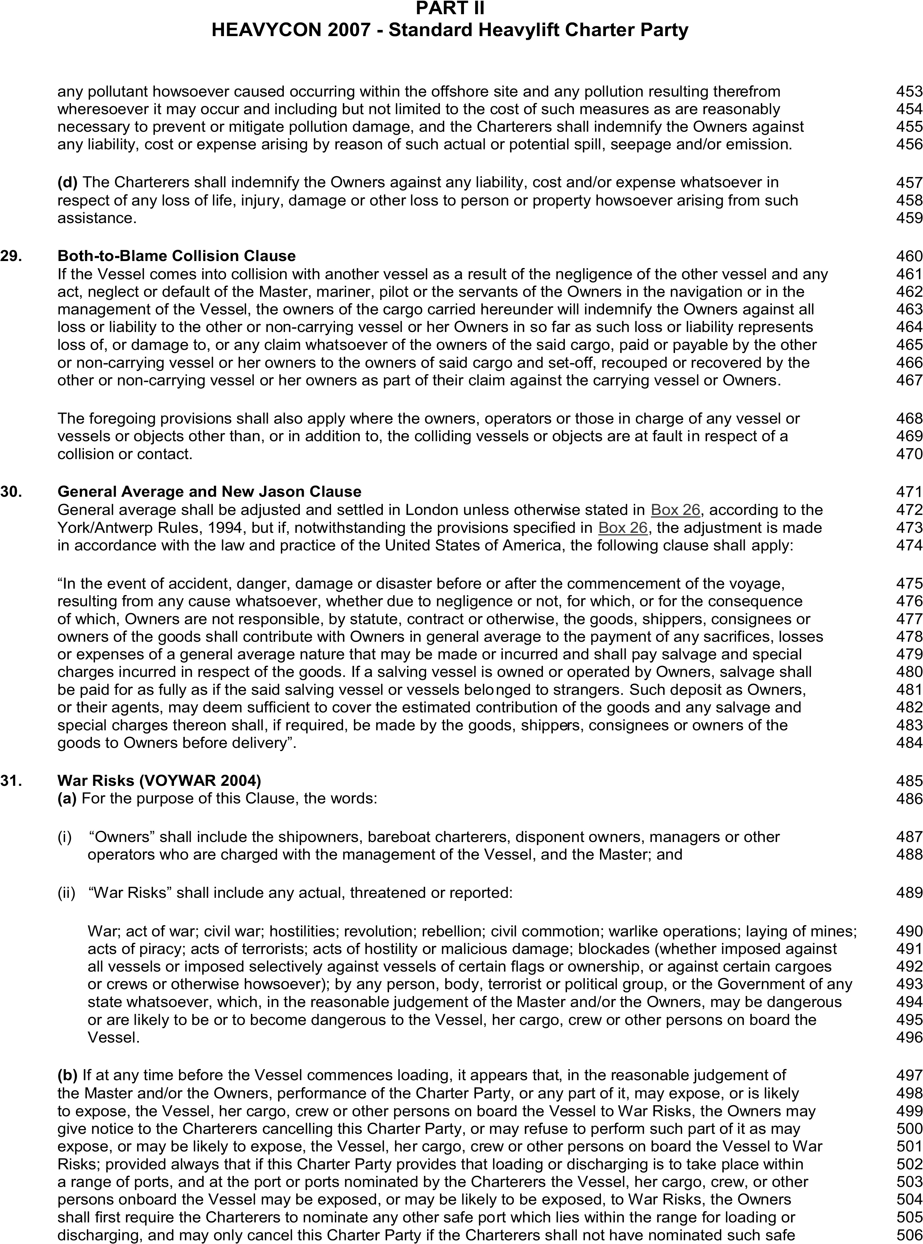 A page from a legal document, HEAVYCON 2007 Standard Heavylift Charter Party, Appendix 8, Part II. The page displays clauses 29, 30, and 31, titled Both-to-Blame Collision Clause, General Average and New Jason Clause, and War Risks. Clause 31 has subsections defining terms like Owners and War Risks. Line numbers from 453 to 506 are visible on the right margin.