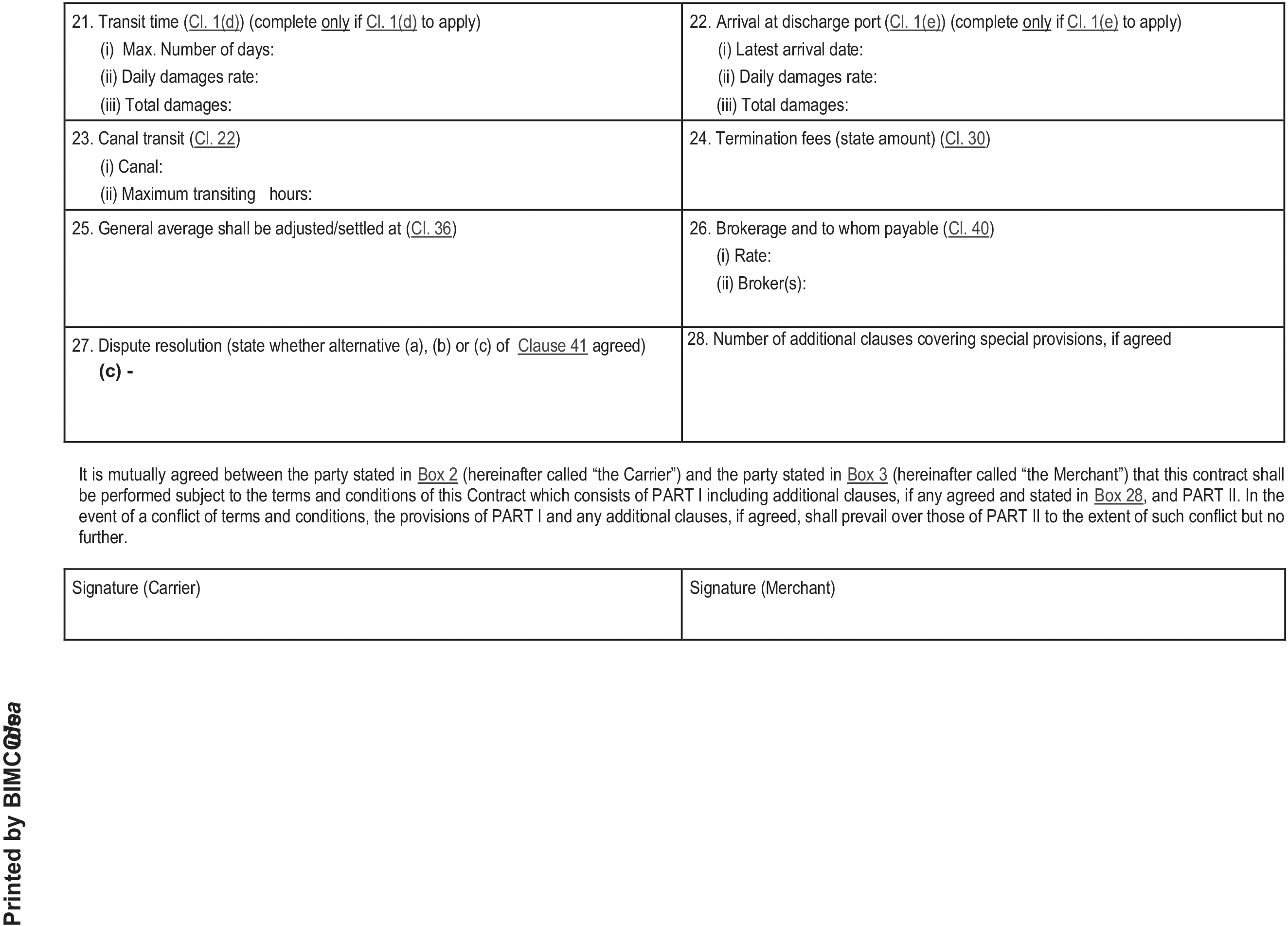 A page from a legal document titled HEAVYLIFTVOY Heavy Lift Voyage Charter Party, Appendix 14, Part I. The page contains a table with clauses numbered 21 to 28, covering topics such as transit time, arrival at discharge port, canal transit, termination fees, general average, brokerage, dispute resolution, and additional clauses. Below the table is a paragraph detailing mutual agreement terms. At the bottom, there are two signature boxes, one for the Carrier and one for the Merchant.