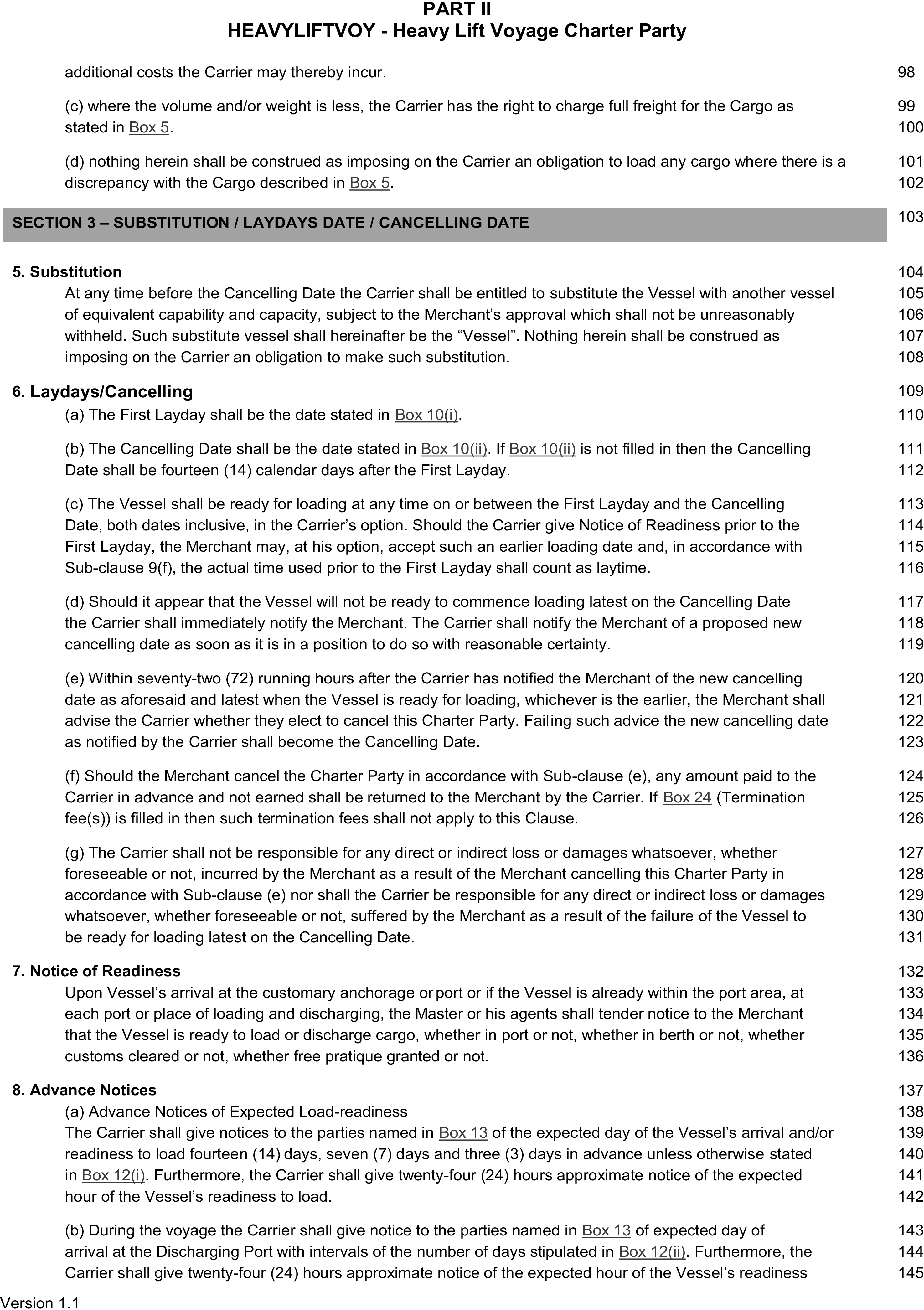A page from a legal document titled Appendix 9, Part II, HEAVYLIFTVOY - Heavy Lift Voyage Charter Party. The page contains Section 3, titled Substitution, Laydays Date, Cancelling Date, which includes clauses 5 through 8. The clauses are titled Substitution, Laydays/Cancelling, Notice of Readiness, and Advance Notices. Line numbers from 98 to 145 are listed in the right margin. The bottom of the page is labeled Version 1.1.