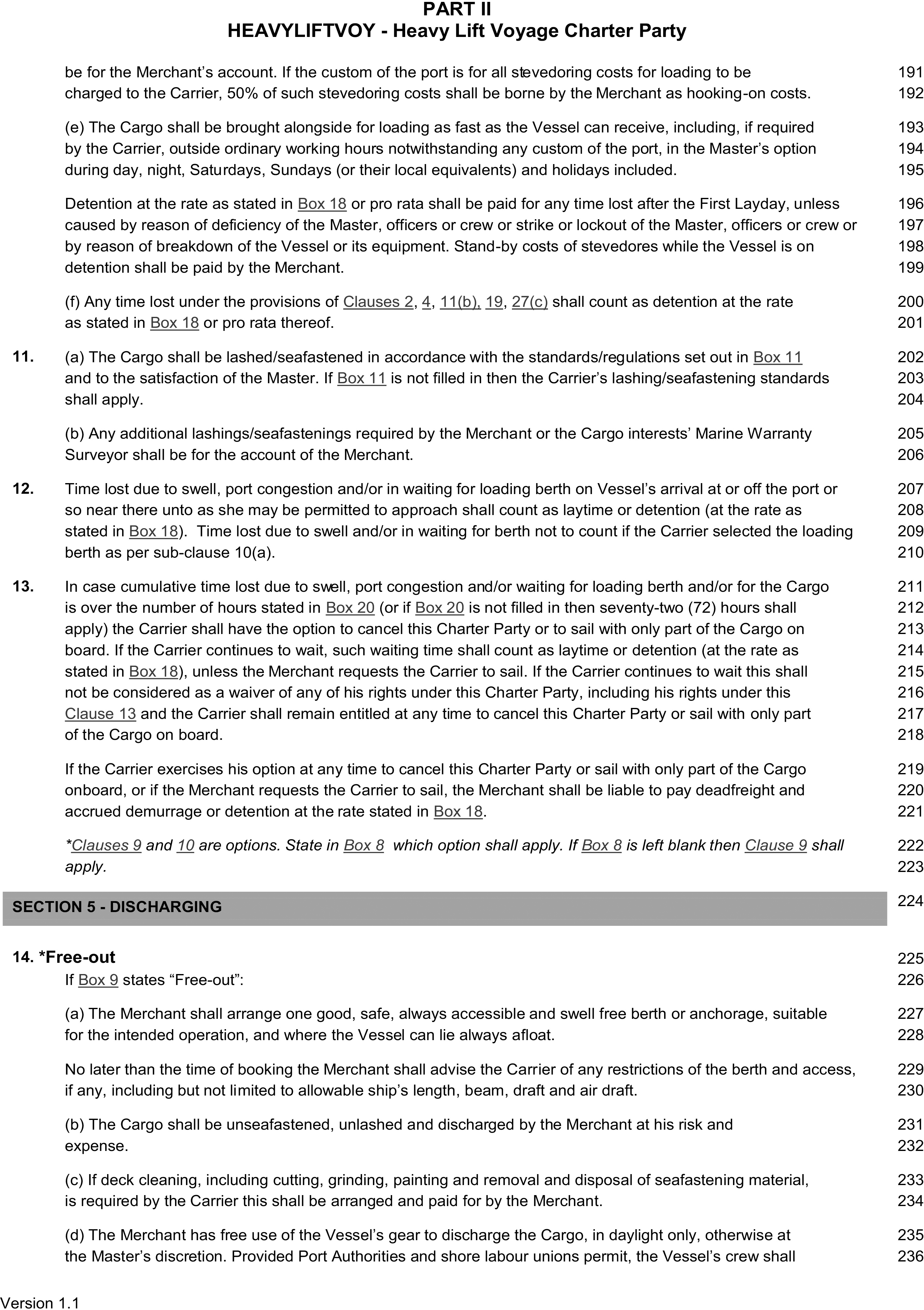 A page from a legal document titled HEAVYVOY - Heavy Lift Voyage Charter Party, Appendix 9, Part II. The page contains clauses 11, 12, and 13, followed by a header for Section 5 - Discharging, which includes clause 14. Some clauses are divided into lettered subsections. Line numbers from 191 to 236 are listed on the right margin. The bottom left corner is marked Version 1.1.