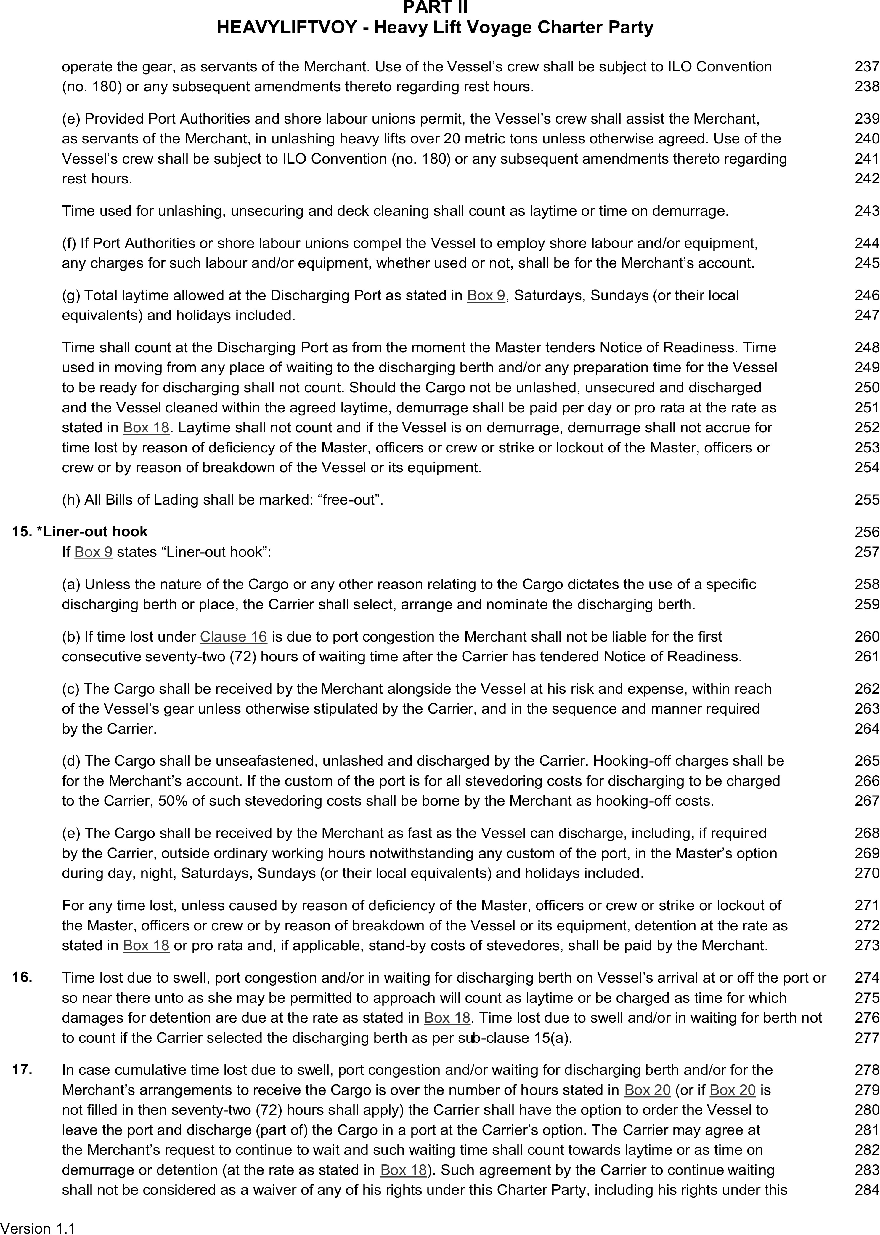A page from a legal document titled HEAVYVOY - Heavy Lift Voyage Charter Party, Appendix 9, Part II. The page includes clauses 15, 16, and 17. Clause 15, titled Liner-out hook, contains sub-clauses labeled a through e. The text outlines conditions for cargo discharging, port congestion, and laytime. Line numbers from 237 to 284 are listed in the right margin, and Version 1.1 is at the bottom left.