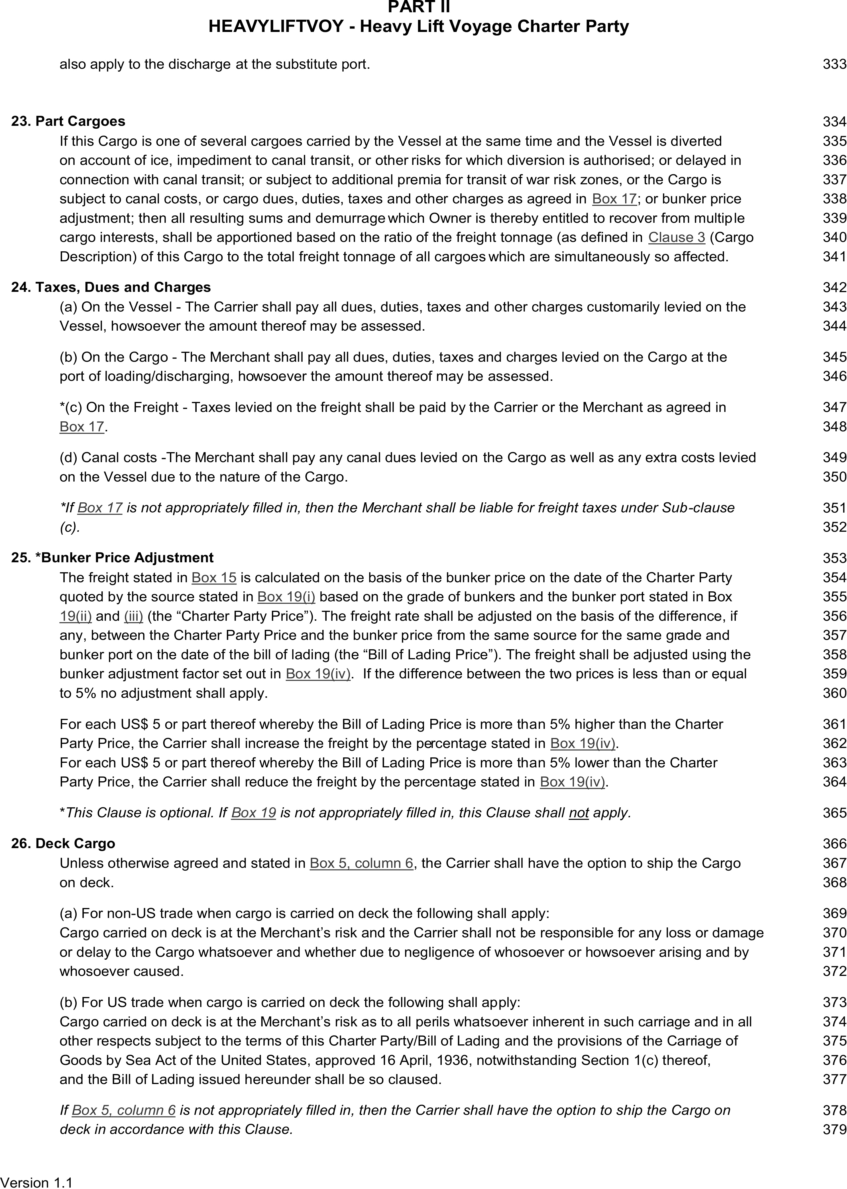 A page from a legal document titled Appendix 9, Part II, HEAVYLIFTVOY - Heavy Lift Voyage Charter Party. The page details clauses 23 through 26, which are titled Part Cargoes, Taxes, Dues and Charges, Bunker Price Adjustment, and Deck Cargo. Some clauses are divided into lettered sub-clauses. Line numbers from 333 to 379 are listed in the right margin, and ’Version 1.1’ is noted at the bottom left.
