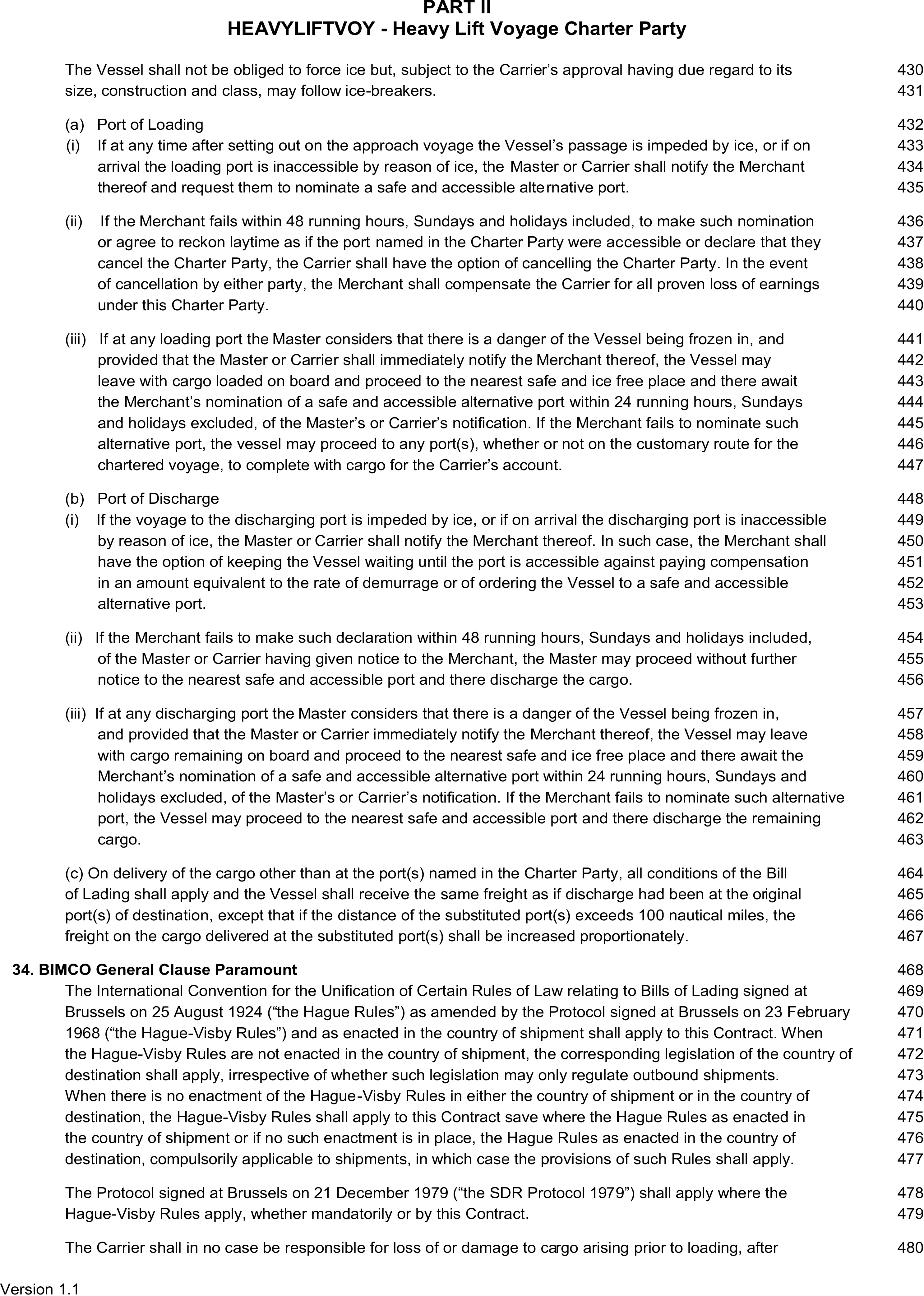 A page from a legal document titled Appendix 9, Part II, HEAVYLIFTVOY - Heavy Lift Voyage Charter Party. The page contains clause 34, BIMCO General Clause Paramount, and preceding text structured with sub-clauses related to Port of Loading and Port of Discharge. Line numbers from 430 to 480 are listed in the right margin, and Version 1.1 is noted at the bottom left.