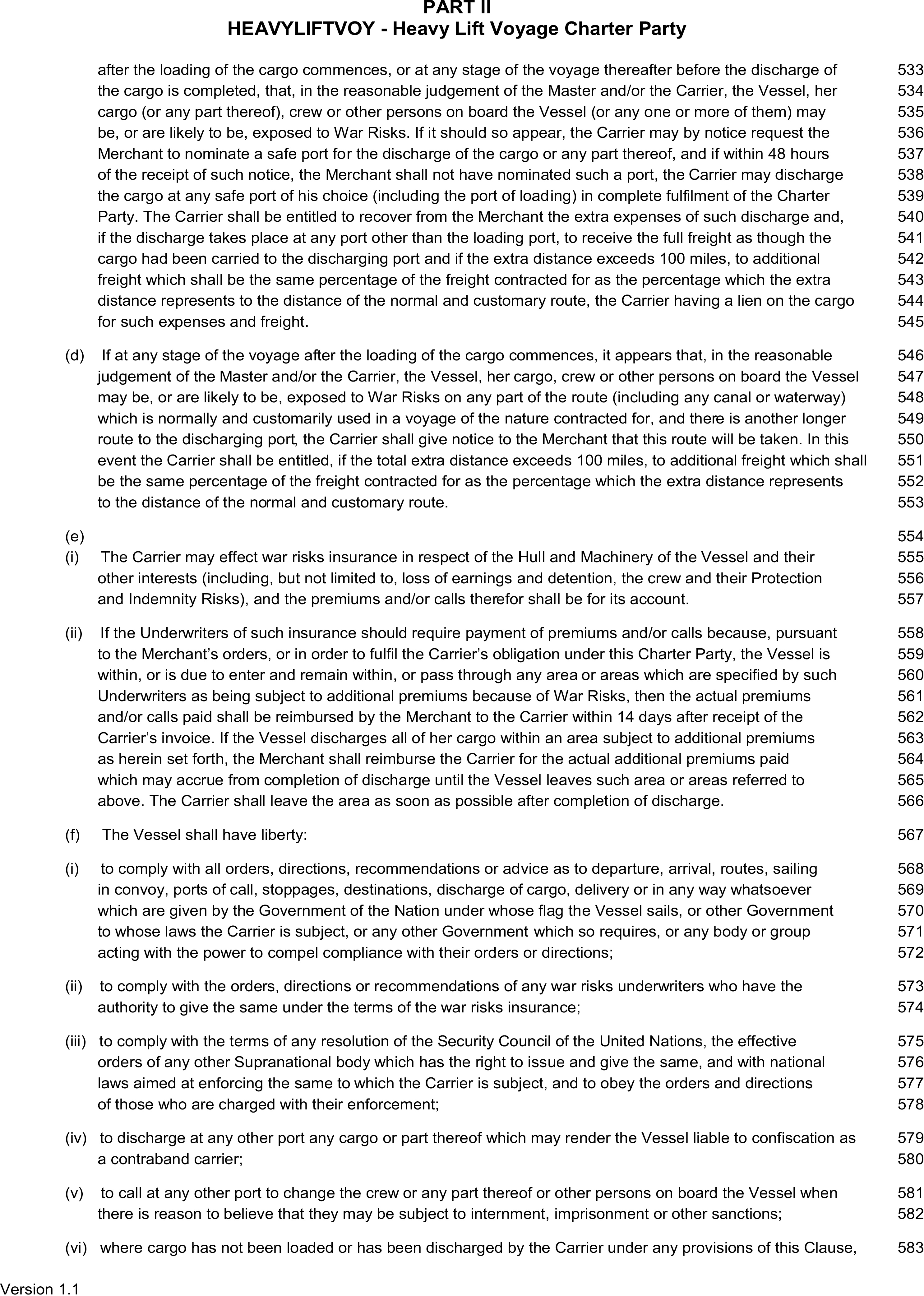 A page from a legal document titled Appendix 9, Part II, HEAVYLIFTVOY - Heavy Lift Voyage Charter Party. The text is structured into clauses and sub-clauses identified by letters, such as (d), (e), and (f), and Roman numerals. Line numbers from 533 to 583 are listed in the right margin. The bottom left of the page is marked with ’Version 1.1’.