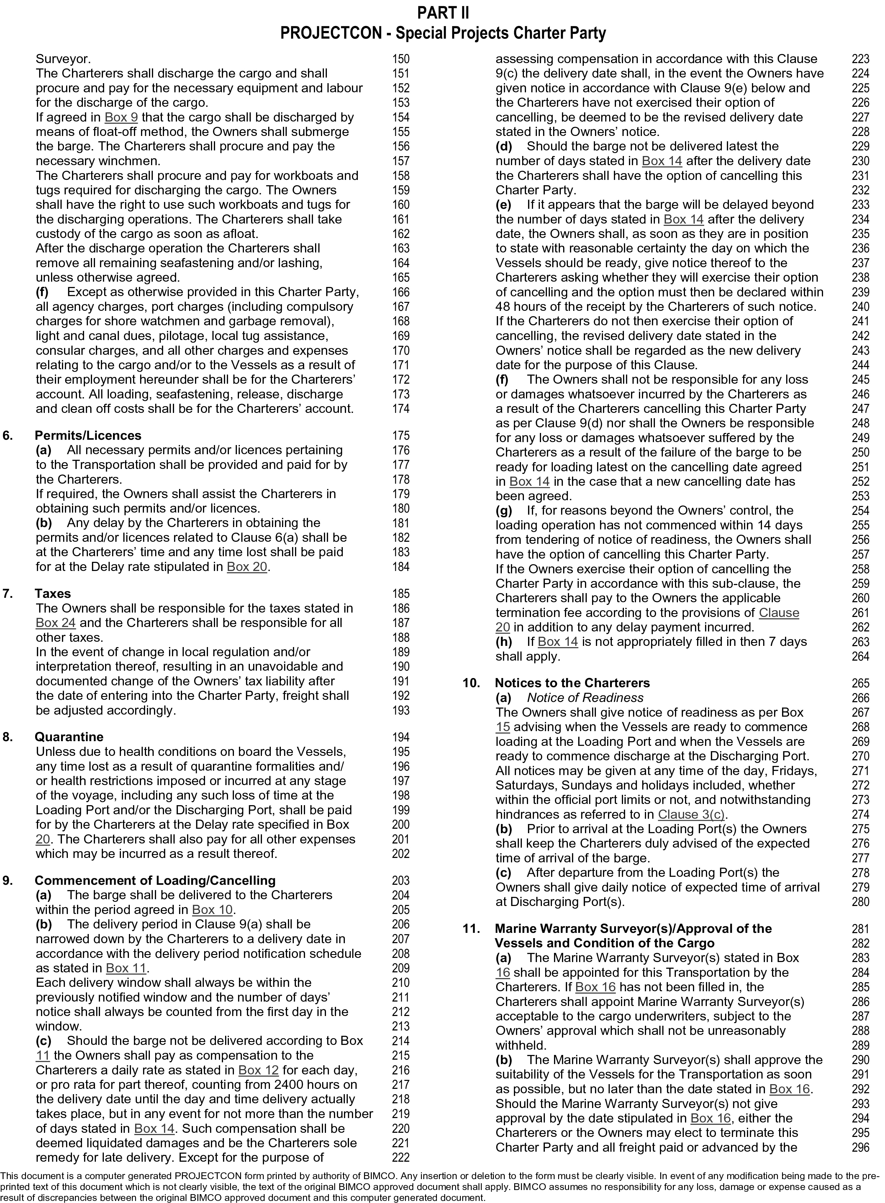 A two-column page from a legal document titled Appendix 15, Part II, PROJECTCON - Special Projects Charter Party. The page details clauses 6 through 11, with titles including Permits/Licences, Taxes, Quarantine, Commencement of Loading/Cancelling, Notices to the Charterers, and Marine Warranty Surveyor. Many clauses are divided into lettered sub-clauses. Line numbers from 150 to 296 are listed in the margins. A disclaimer about the document is at the bottom.