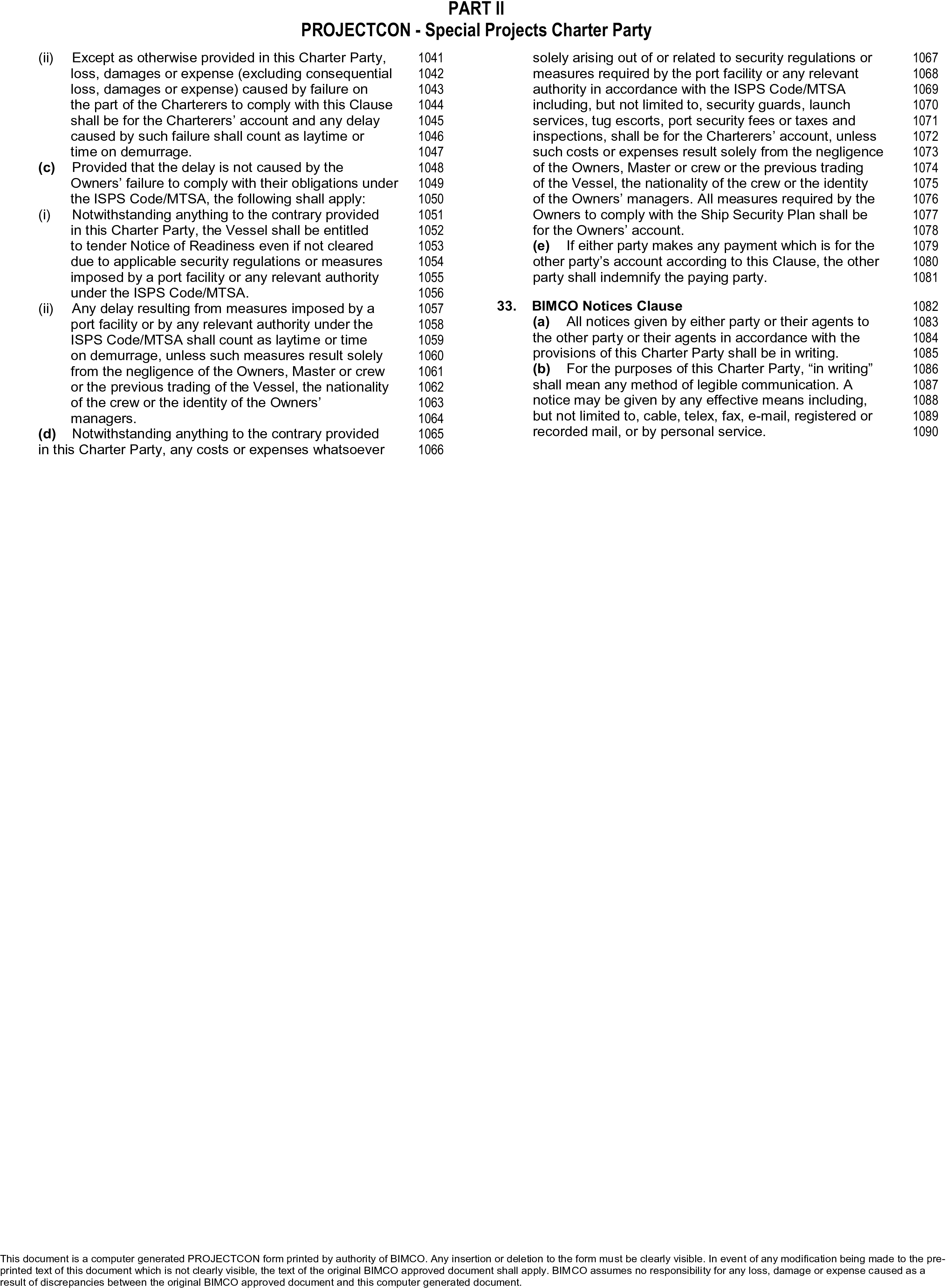 A page from a legal document titled Appendix 15, Part II, PROJECTCON - Special Projects Charter Party. The text is arranged in two columns, containing various lettered and numbered sub-clauses. A new clause, 33. BIMCO Notices Clause, begins in the right column. Line numbers from 1041 to 1090 are listed in the right margins. A disclaimer at the bottom identifies the document as a computer-generated form from BIMCO.