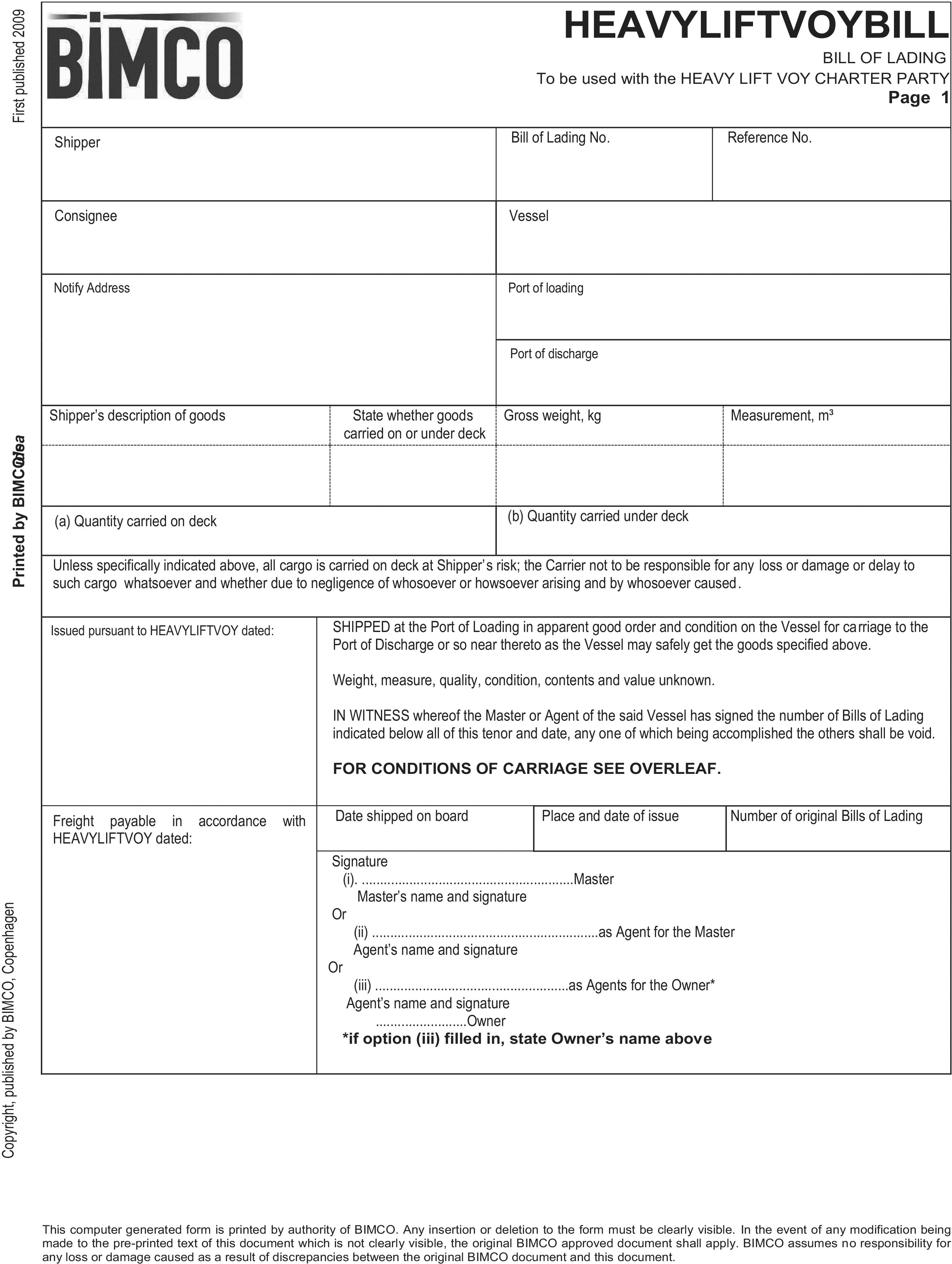 A blank HEAVYLIFTVOYBILL form from Appendix 18 of the HEAVY LIFT VOY Charter Party, published by BIMCO. The page includes fields for shipper, consignee, vessel, ports of loading and discharge, cargo description, weight, and measurement, along with signature and freight details. The BIMCO logo appears in the left margin.