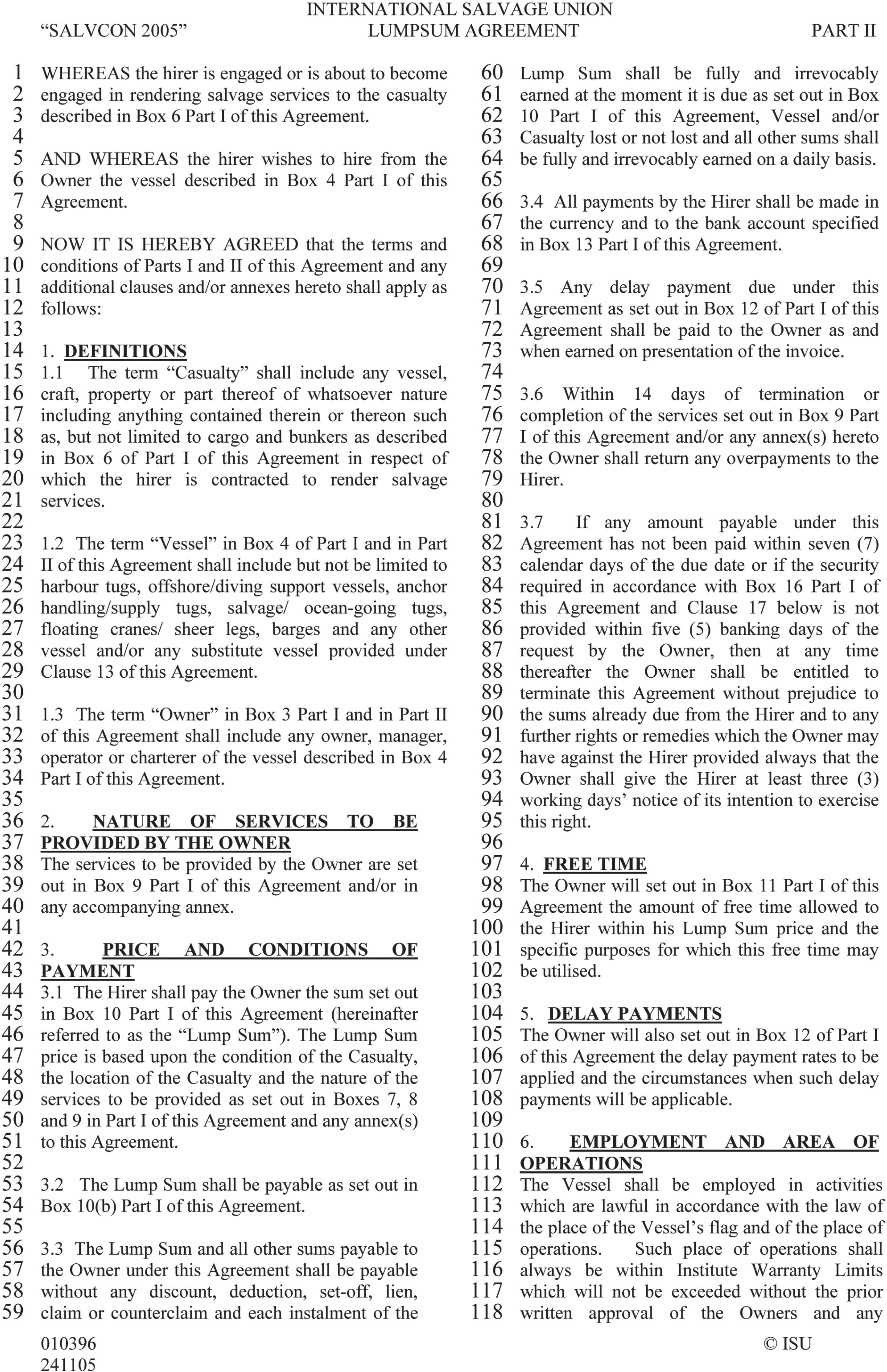 A page from a legal document titled SALVCON 2005, an International Salvage Union Lumpsum Agreement, Part II. The text is arranged in two columns with line numbers from 1 to 118. The page contains clauses 1 through 6, covering topics such as Definitions, Nature of Services, Price and Payment, Free Time, Delay Payments, and Employment. Clauses are divided into numbered sub-clauses, and the bottom of the page includes a copyright notice for ISU.