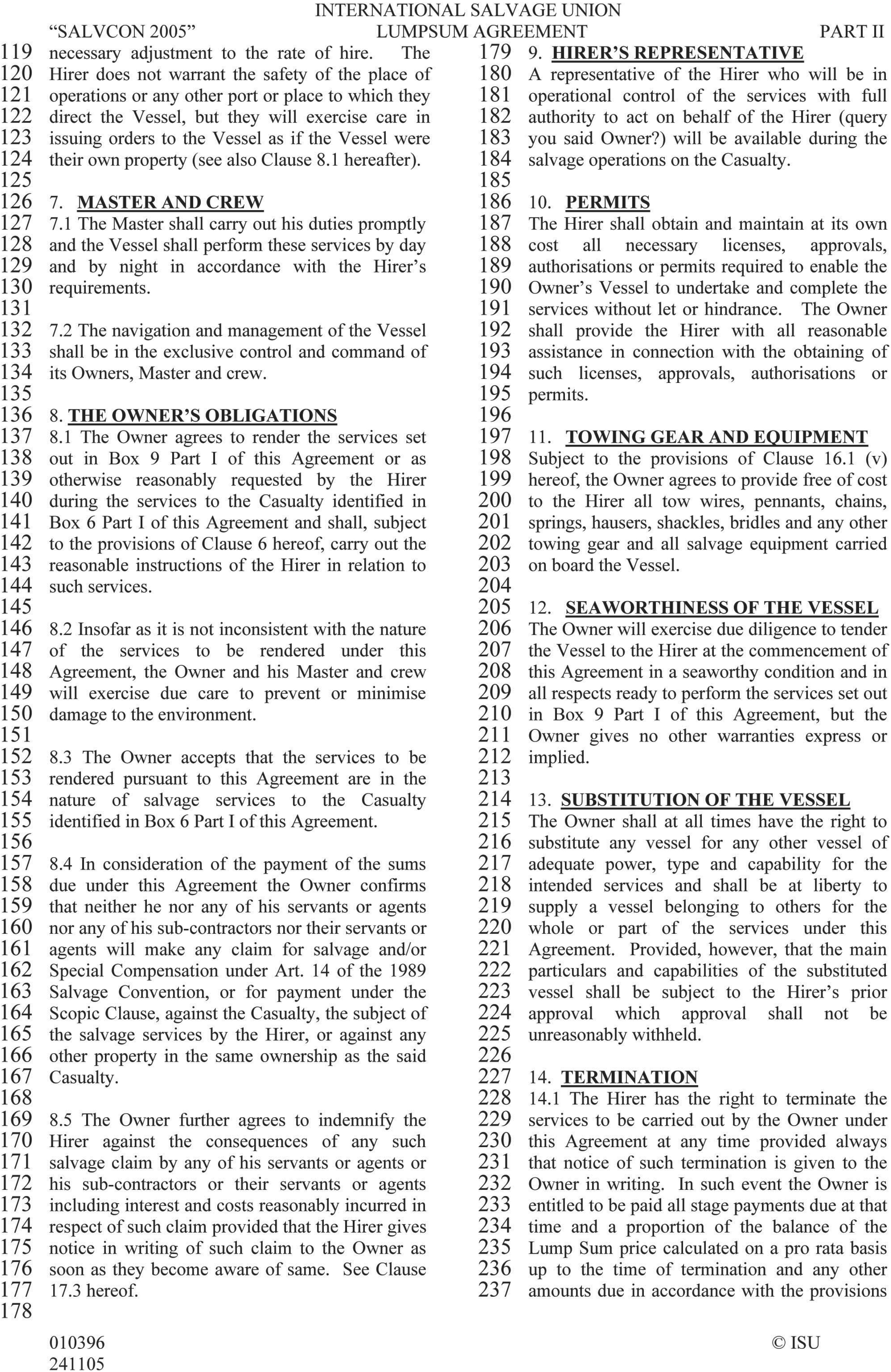 A page from the International Salvage Union Lumpsum Agreement, Part II. The page is formatted in two columns with line numbers from 119 to 237 and details clauses 7 through 14. Clause titles include Master and Crew, The Owner’s Obligations, Hirer’s Representative, Permits, Towing Gear and Equipment, Seaworthiness of the Vessel, Substitution of the Vessel, and Termination. The text ISU appears at the bottom right.
