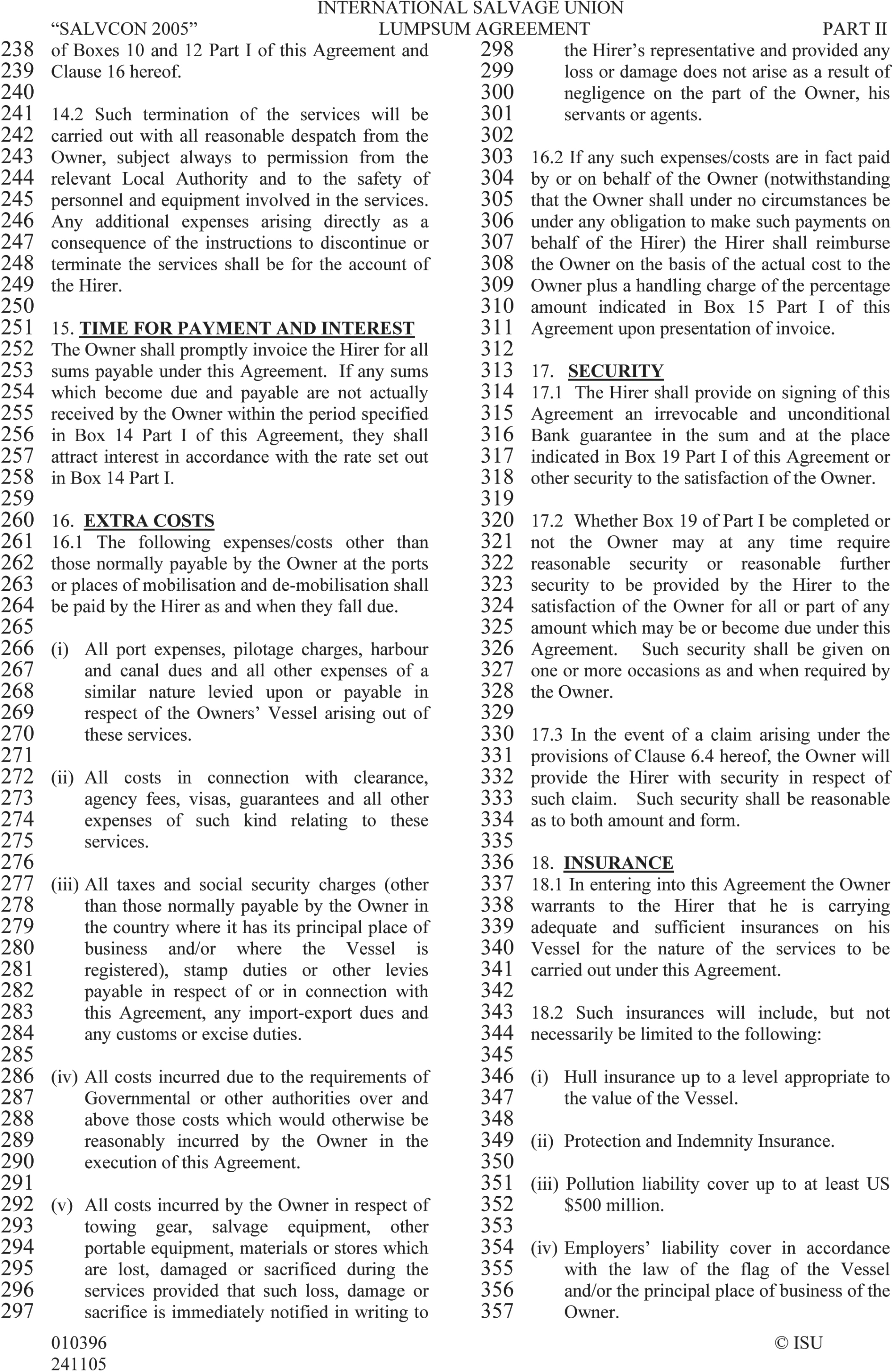 A page from a legal document titled International Salvage Union Lumpsum Agreement, Part II. The text is arranged in two columns and covers clauses 15 through 18, including Time for Payment and Interest, Extra Costs, Security, and Insurance. Many clauses are broken down into numbered sub-clauses. Line numbers from 238 to 357 are listed in the outer margins. The bottom of the page includes a copyright notice for ISU.