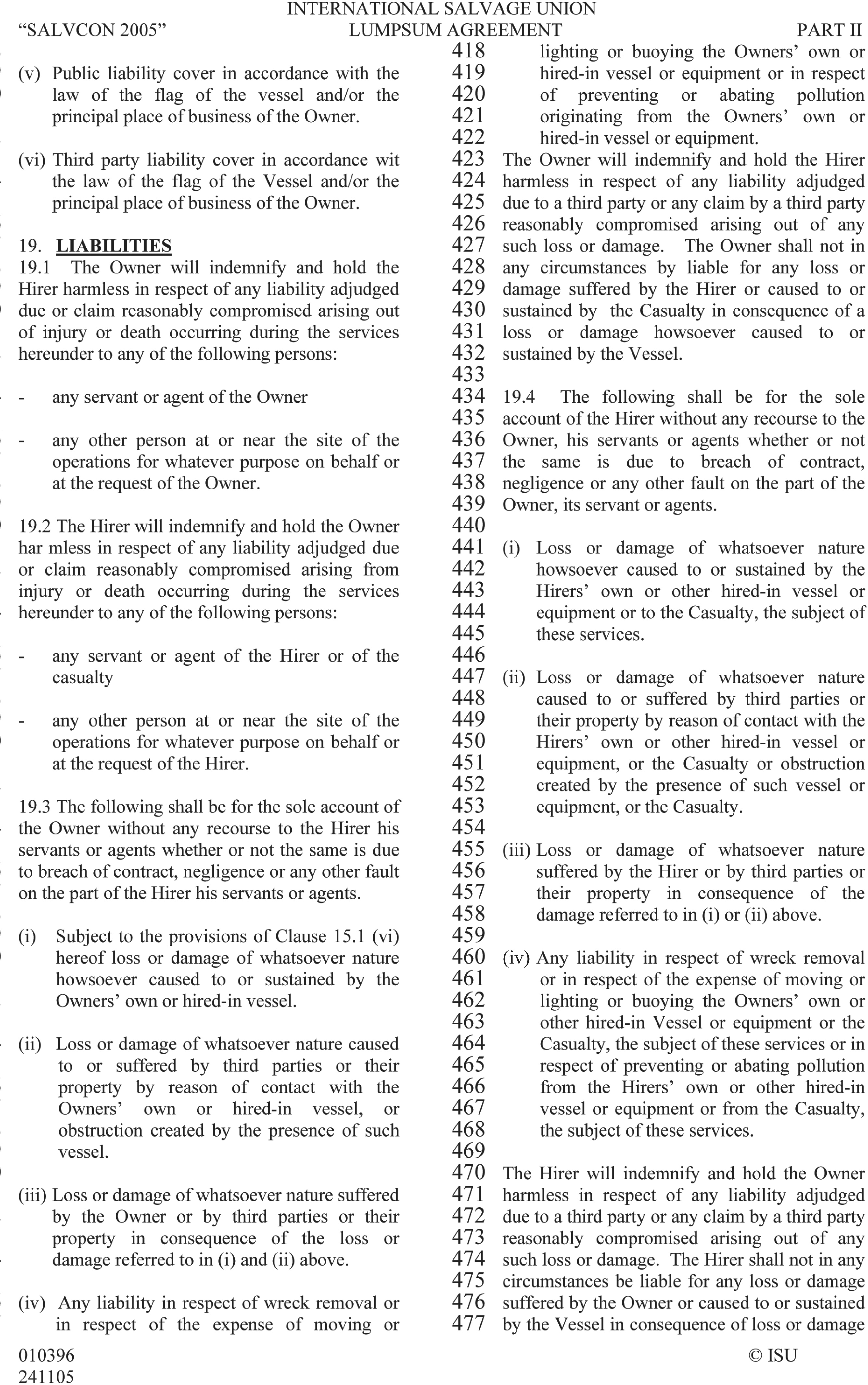 A page from the International Salvage Union Lumpsum Agreement, Part II, labeled SALVCON 2005. The text is arranged in two columns with line numbers from 358 to 477 in the margins. The main content covers clause 19, titled Liabilities, which is divided into sub-clauses 19.1 through 19.4. These sub-clauses detail the responsibilities of the Owner and the Hirer. The bottom right corner features a copyright notice for ISU.