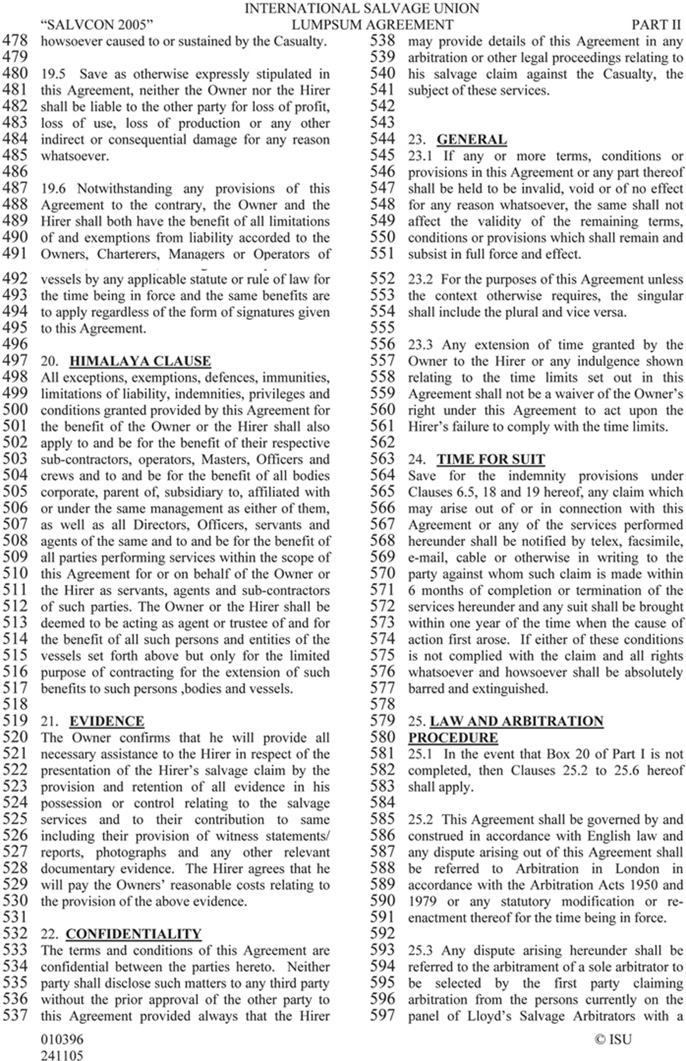 A page from the International Salvage Union Lumpsum Agreement, Part II. The text is arranged in two columns with line numbers from 478 to 597 in the margins. It covers clauses 20 through 25, with titles including Himalaya Clause, Evidence, Confidentiality, General, Time for Suit, and Law and Arbitration Procedure. The bottom of the page includes a copyright notice for ISU.