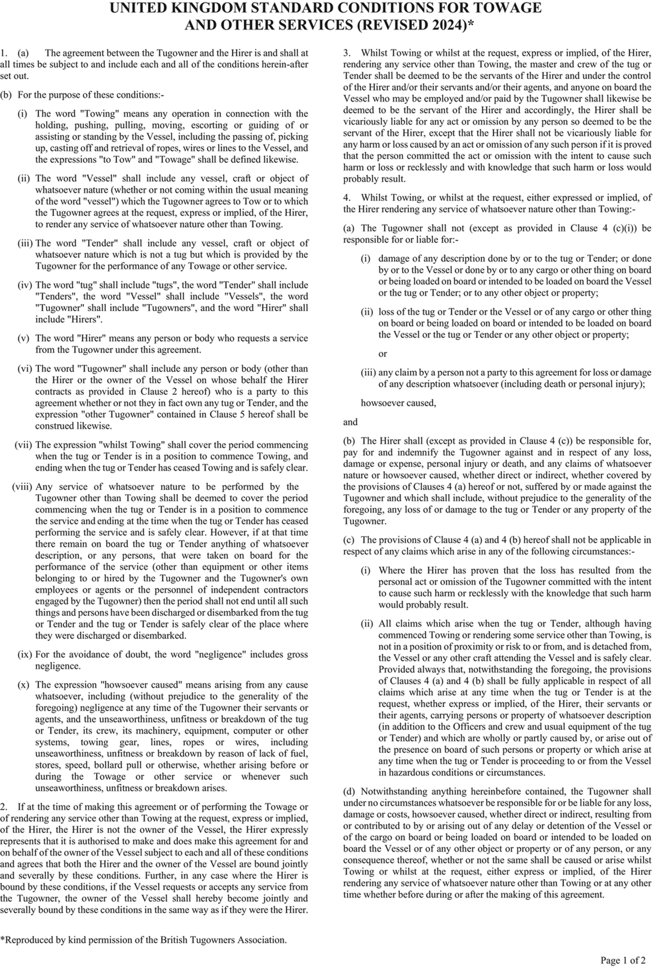 A text document titled United Kingdom Standard Conditions for Towage and Other Services, Revised 2024. The document, page 1 of 2, presents numbered clauses defining terms like Towing, Vessel, and Tugowner. It also outlines responsibilities and liabilities for services, damages, and loss. A note states it is reproduced by permission of the British Tugowners Association.