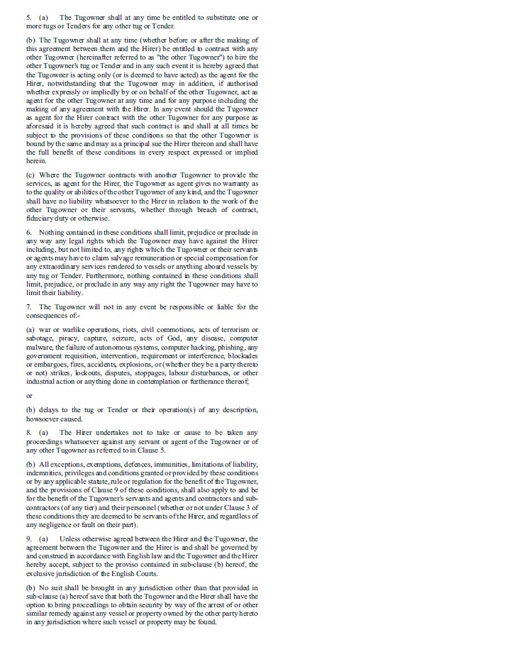 A page of a legal document, labeled“Page 2 of 2,” containing numbered clauses 5 through 9. The clauses are divided into sub-clauses, such as 5(a), 5(b), and 5(c). The text details terms, conditions, and liabilities within a formal agreement involving a“Tugowner” and a“Hirer”.