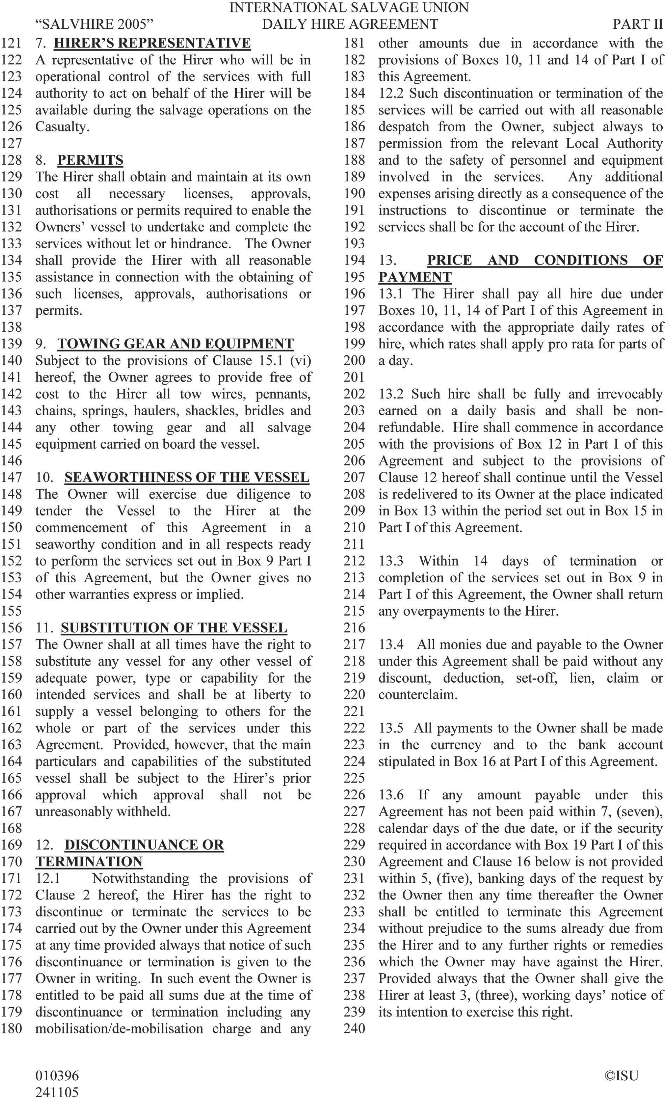A page from the International Salvage Union Daily Hire Agreement, Part II, labeled SALVHIRE 2005. The text is arranged in two columns with line numbers from 121 to 240 in the margins. It covers clauses 7 through 13, including Hirer’s Representative, Permits, Towing Gear and Equipment, Seaworthiness of the Vessel, Substitution of the Vessel, Discontinuance or Termination, and Price and Conditions of Payment. A copyright notice for ISU is at the bottom.