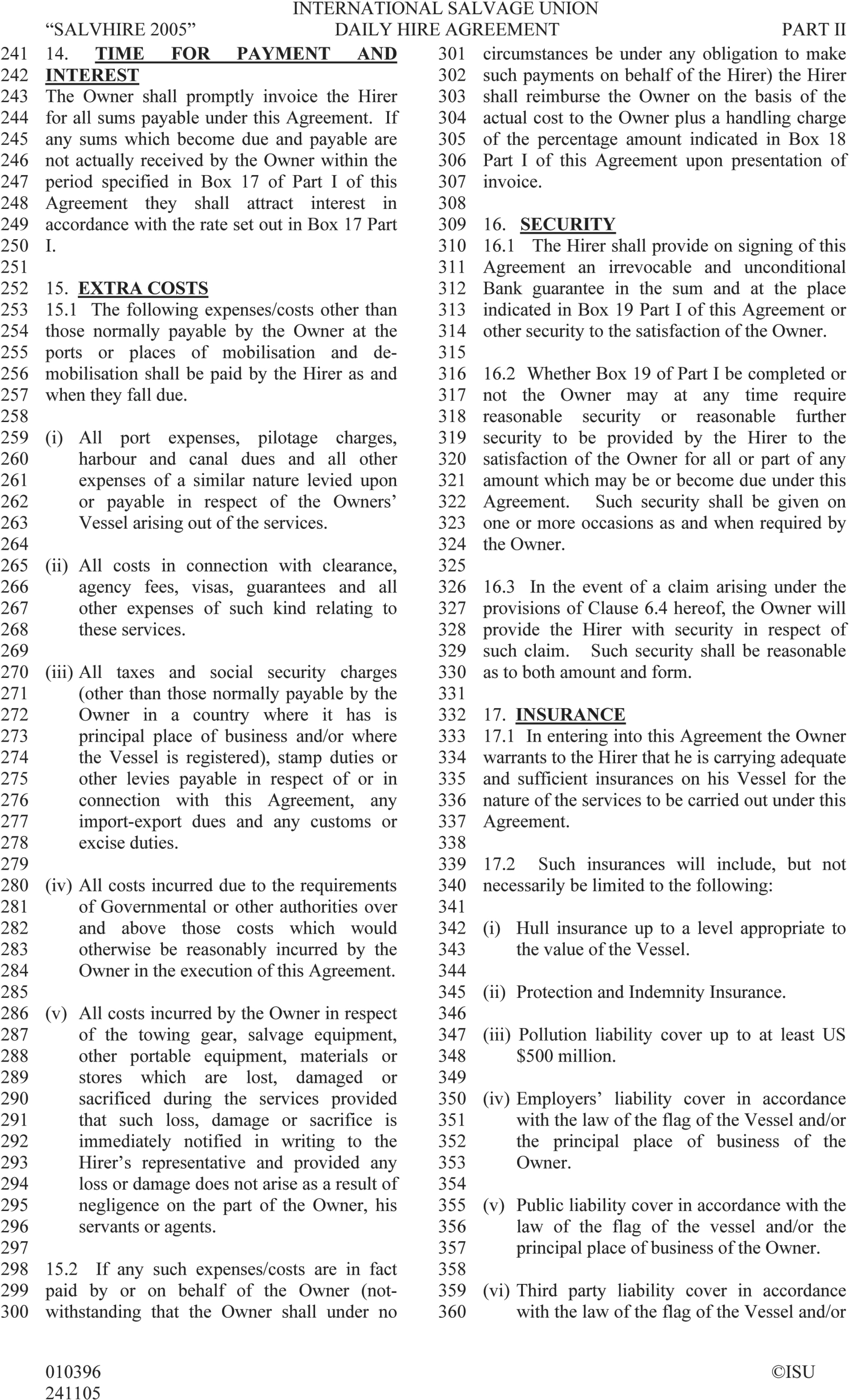 A page from a document titled International Salvage Union Daily Hire Agreement, Part II, also marked SALVHIRE 2005. The page is formatted in two columns with line numbers from 241 to 360. It details clauses 14 through 17, with titles including Time for Payment and Interest, Extra Costs, Security, and Insurance. Each clause is broken down into numbered sub-clauses. A copyright notice for ISU is at the bottom right.