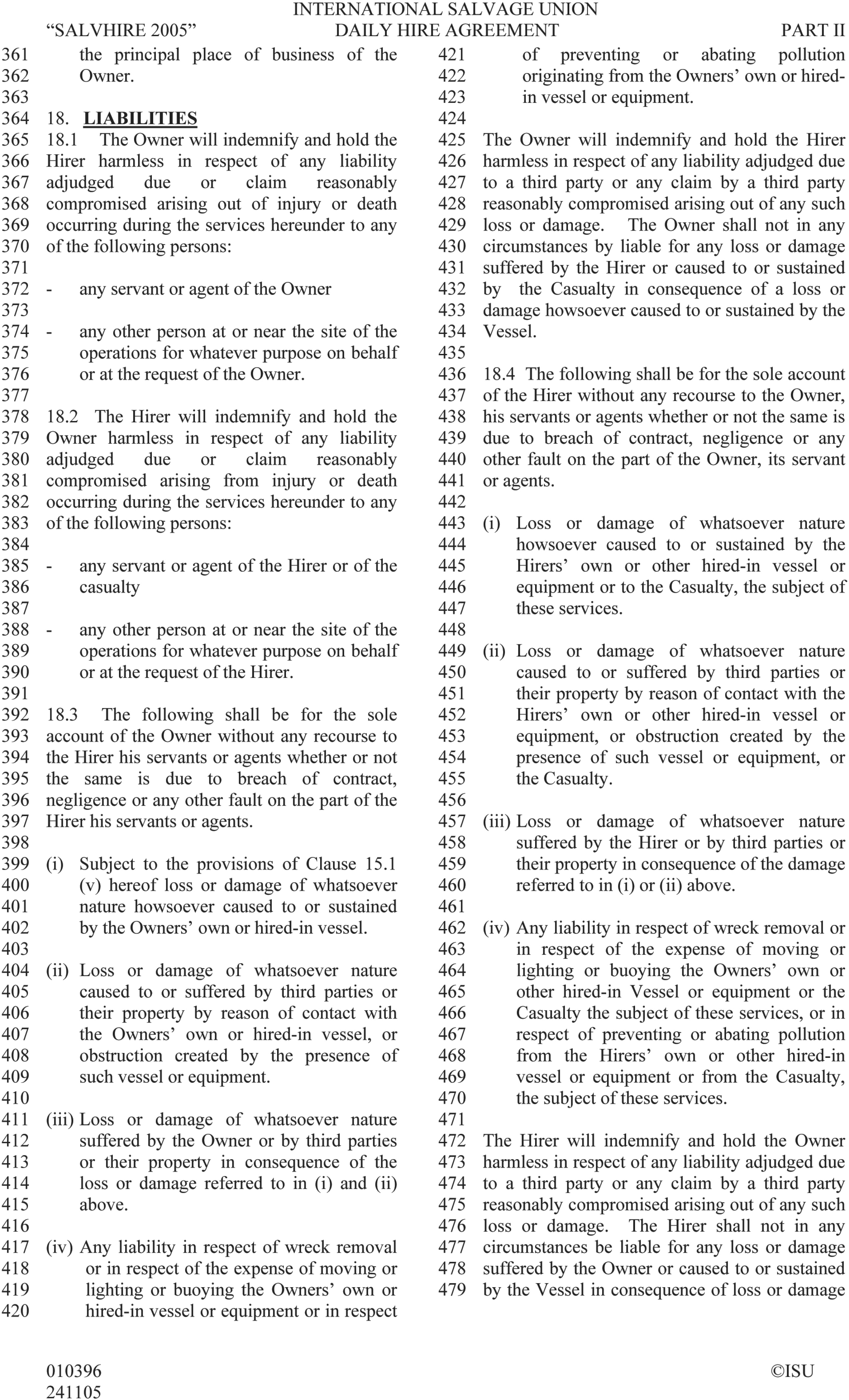 A page from the International Salvage Union Daily Hire Agreement, Part II. The page is formatted in two columns with line numbers from 361 to 479 in the margins. It details clause 18, titled Liabilities, which is divided into sub-clauses 18.1 through 18.4. These sub-clauses outline the indemnification terms and responsibilities for the Owner and the Hirer. A copyright notice for ISU appears at the bottom right.