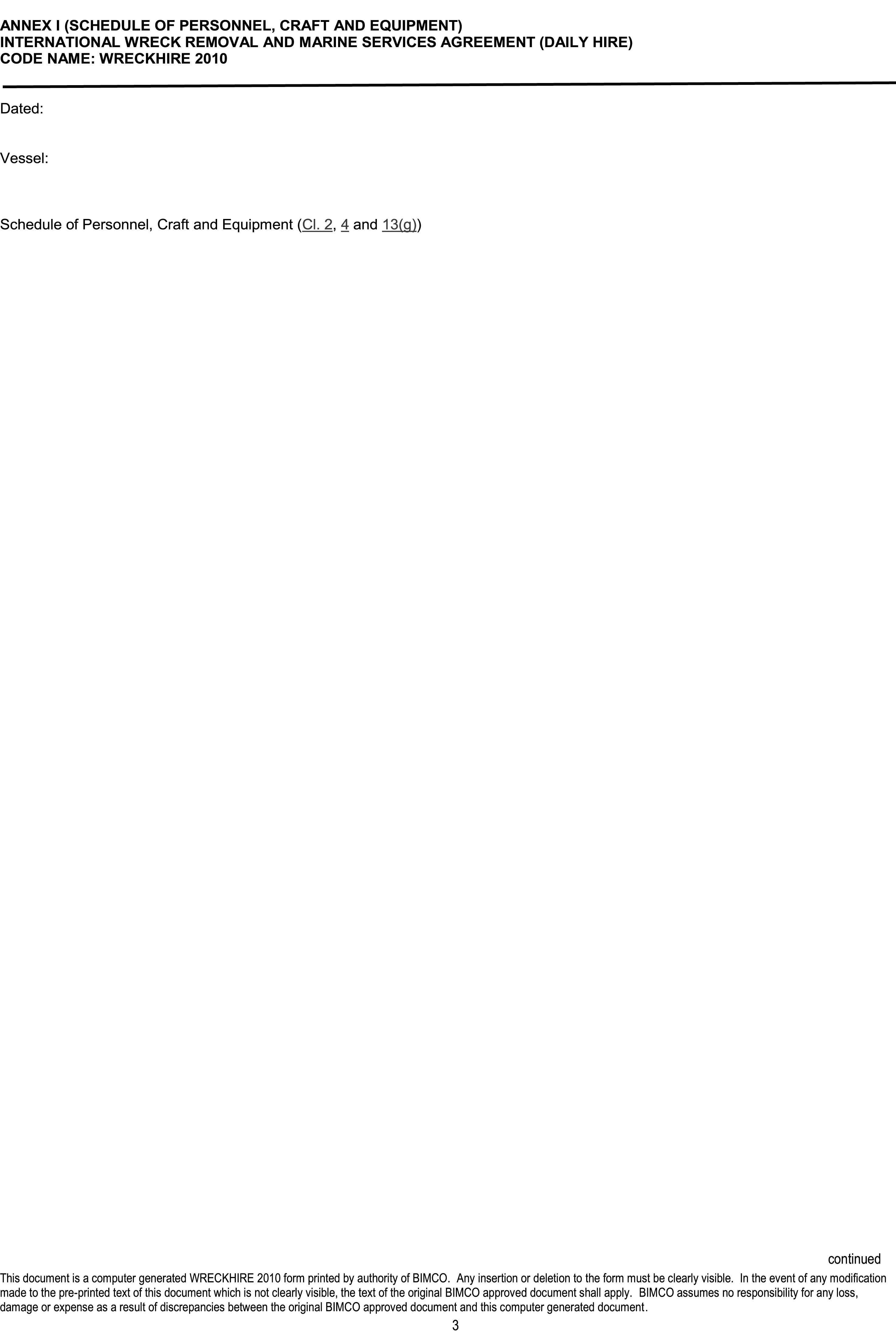 A document page titled Appendix 21, Part I. It is an annex for the International Wreck Removal and Marine Services Agreement (Daily Hire), code name Wreckhire 2010. The page is a form for a Schedule of Personnel, Craft and Equipment and has fields for the date and vessel name. The majority of the page is blank for the schedule to be filled in. The footer contains a disclaimer about the document being a computer-generated form from BIMCO and is marked as page 3.