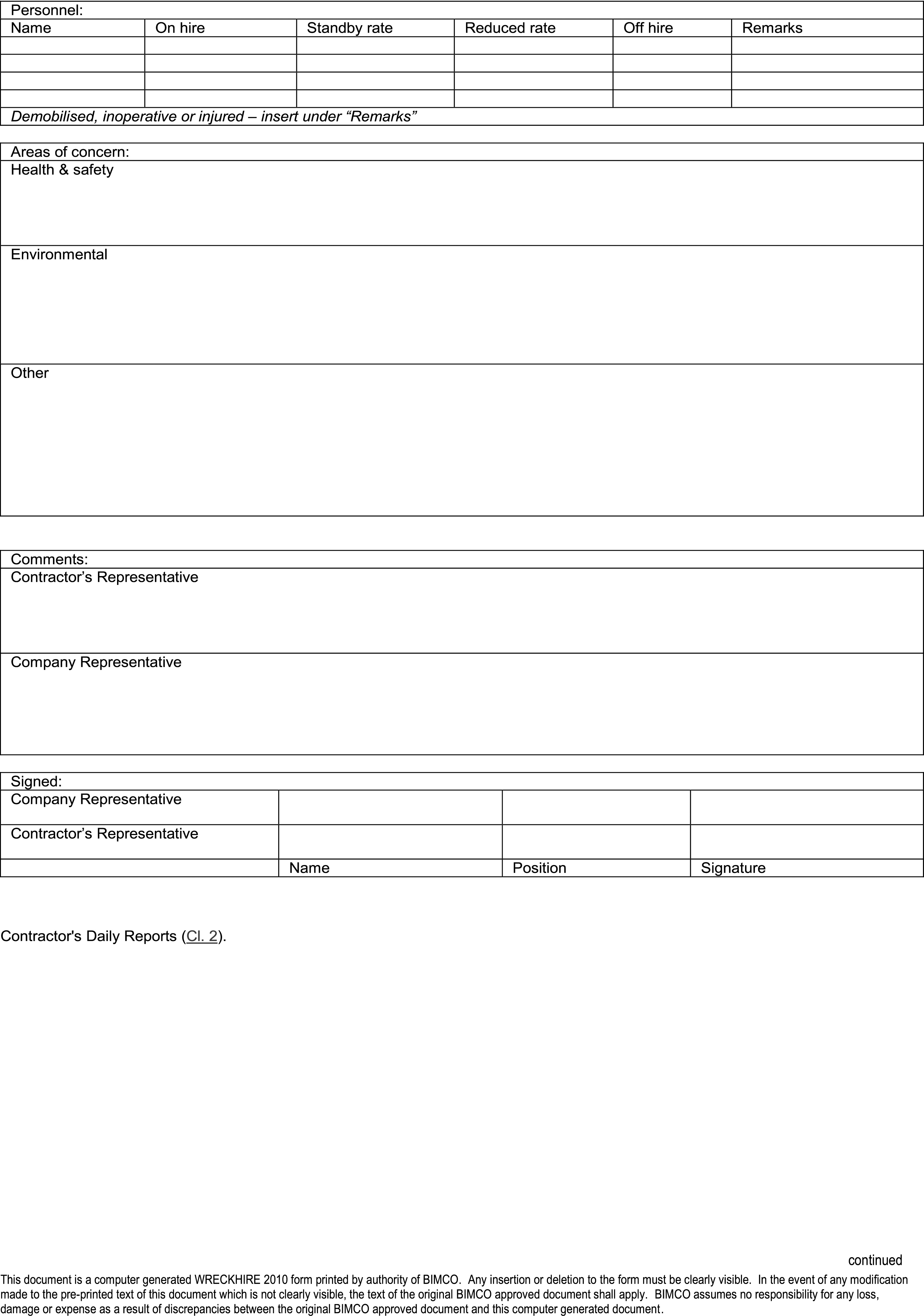 A document page titled Appendix 21, Part I, which is a form for Contractor’s Daily Reports. The form includes a table to list personnel with columns for name, on hire, standby rate, reduced rate, off hire, and remarks. Below this is a section for Areas of concern, with fields for health and safety, environmental, and other issues. There are also sections for comments from the contractor’s and company’s representatives. The bottom of the form has a signature area for both representatives, with fields for name, position, and signature. A footer identifies the document as a WRECKHIRE 2010 form.
