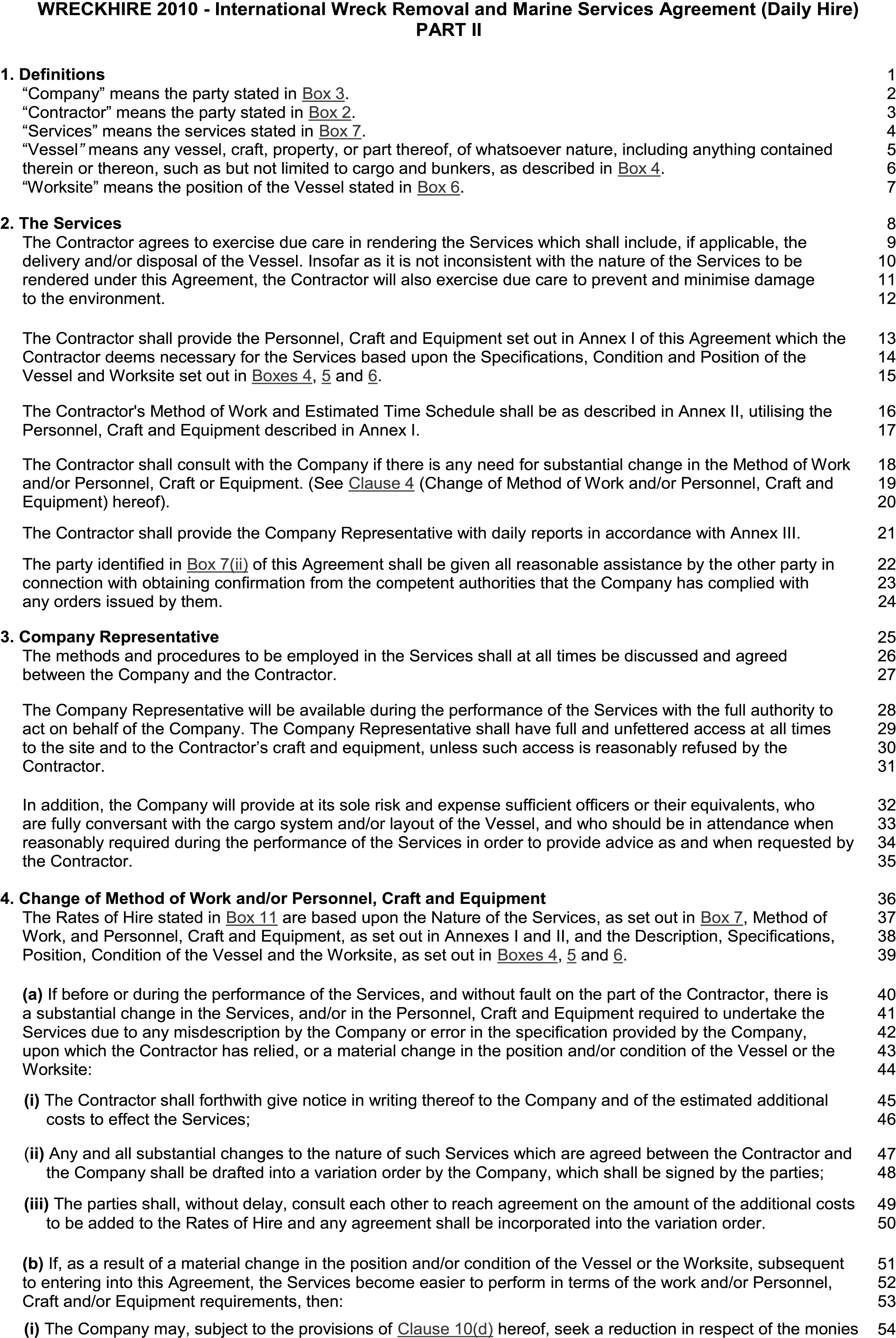 A page from a legal document titled Appendix 21, Part II of the Wreckhire 2010 International Wreck Removal and Marine Services Agreement. The document contains four main numbered sections: 1. Definitions, 2. The Services, 3. Company Representative, and 4. Change of Method of Work and/or Personnel, Craft and Equipment. Each section details specific terms of the agreement, with corresponding line numbers from 1 to 54 listed in the right margin.