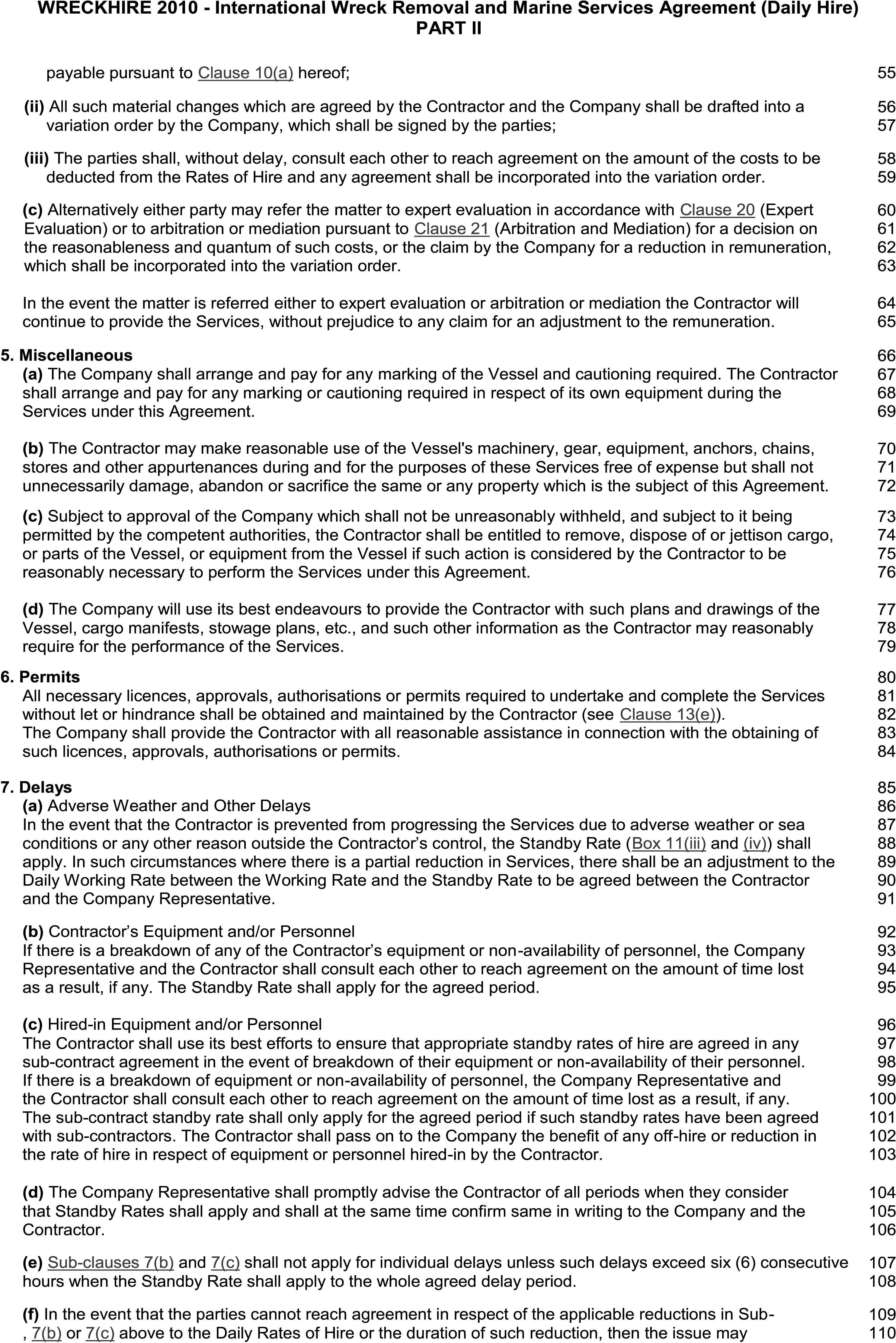 A page from a legal agreement titled Appendix 21, Part II, of the WRECKHIRE 2010 International Wreck Removal and Marine Services Agreement (Daily Hire). The document displays several numbered and lettered clauses, with corresponding line numbers from 55 to 110 in the right margin. The main sections detailed on the page include 5. Miscellaneous, 6. Permits, and 7. Delays, each with specific sub-clauses outlining the terms.