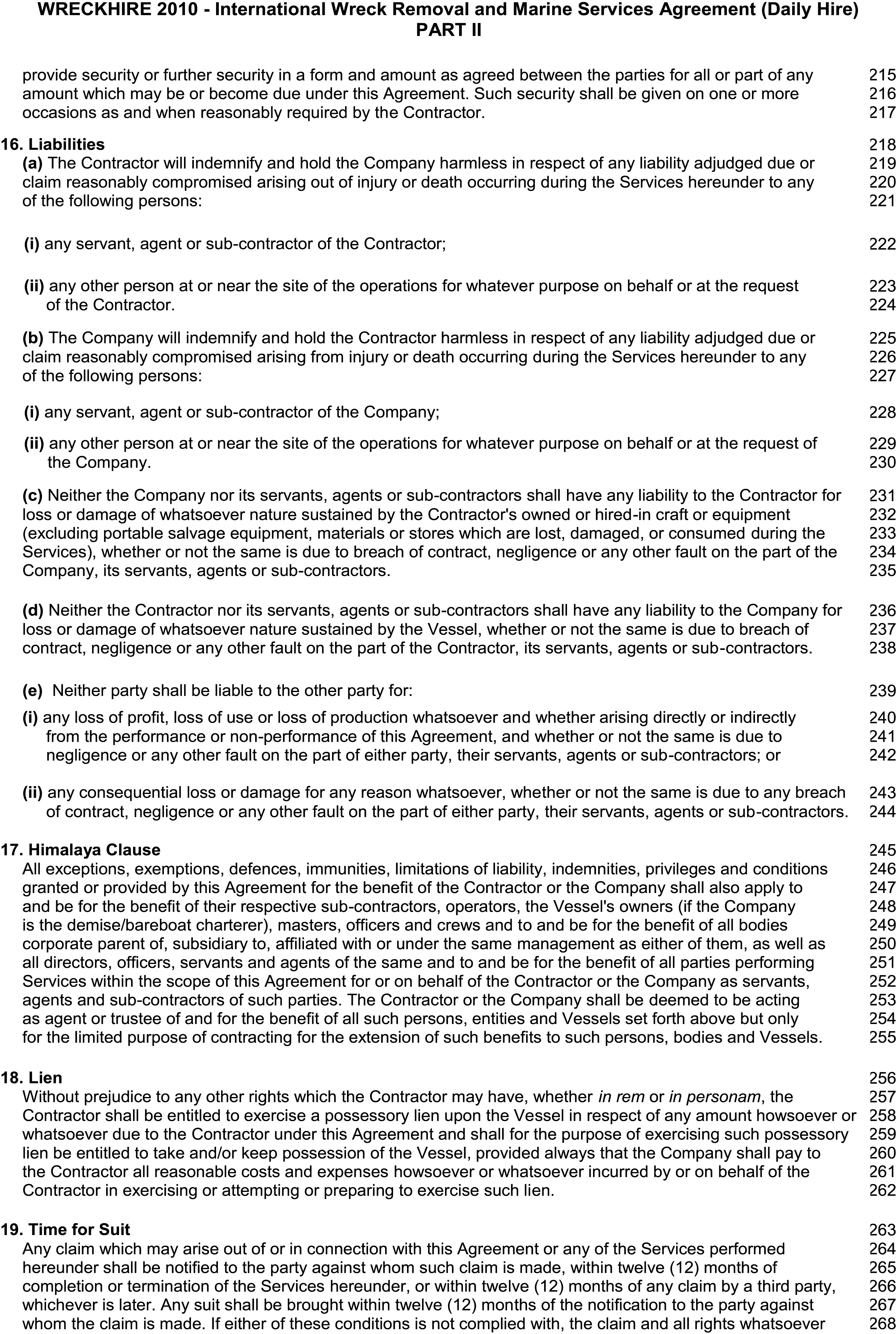 A page from an agreement titled WRECKHIRE 2010, identified as Appendix 21, Part II. The page details clauses 16 through 19, which cover Liabilities, Himalaya Clause, Lien, and Time for Suit. The clause for Liabilities is broken down into multiple sub-sections. Line numbers from 215 to 268 are listed along the right margin.
