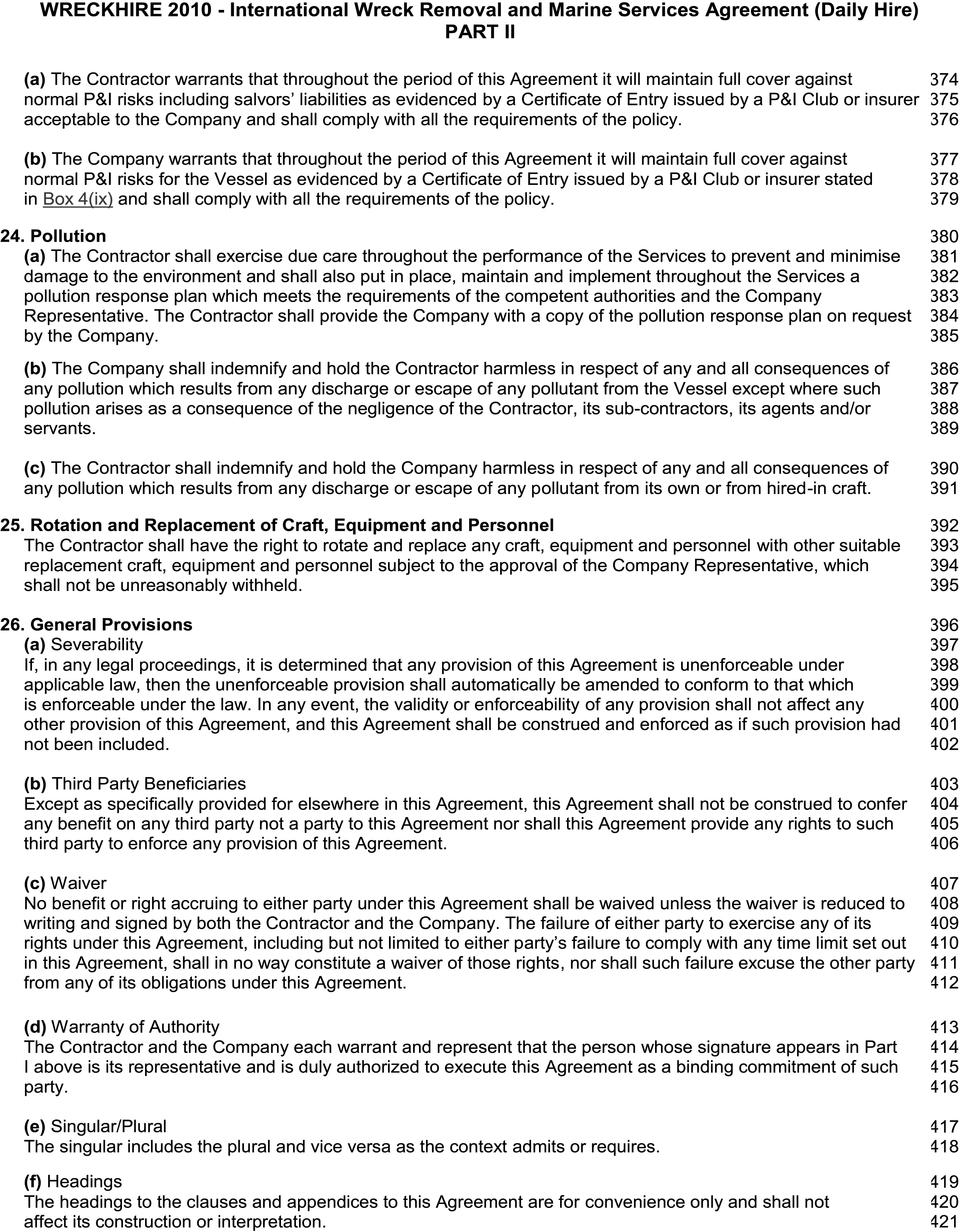 A page from a legal document titled Appendix 21, Part II of the WRECKHIRE 2010 - International Wreck Removal and Marine Services Agreement (Daily Hire). The page contains numbered clauses starting with clause 24, Pollution, followed by clause 25, Rotation and Replacement of Craft, Equipment and Personnel, and clause 26, General Provisions. The General Provisions section includes sub-clauses such as Severability, Waiver, and Warranty of Authority. Line numbers from 374 to 421 are listed down the right margin.