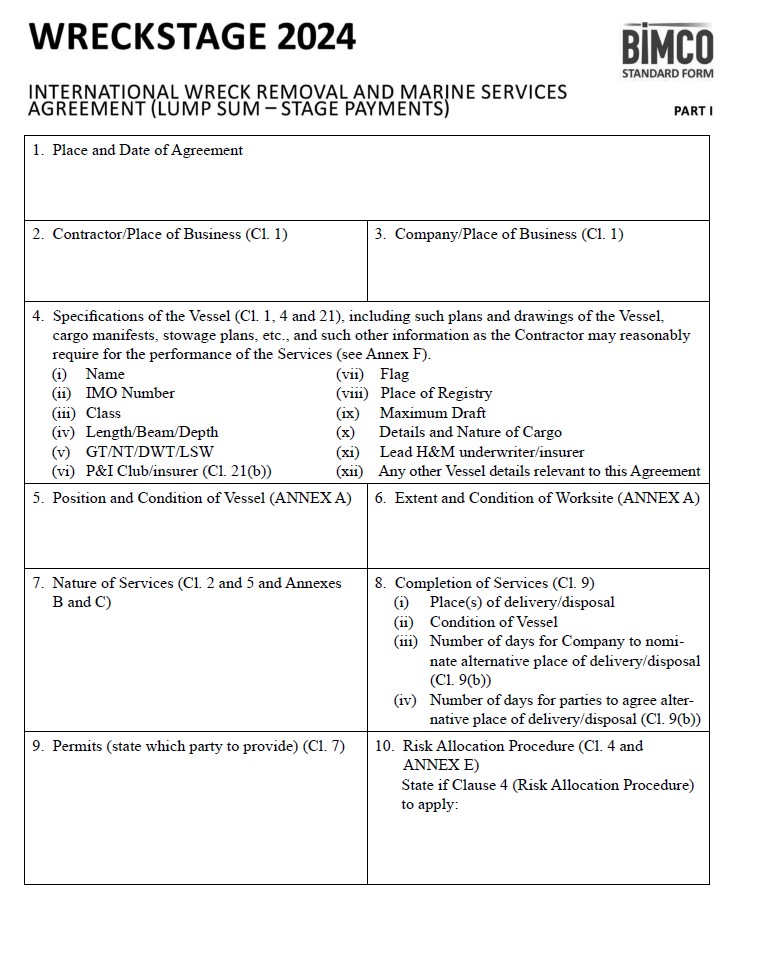 A “STANDARD FORM” title that reads “WRECKSTAGE 2024,” “INTERNATIONAL WRECK REMOVAL AND MARINE SERVICES AGREEMENT (LUMP SUM - STAGE PAYMENTS), “PART ONE,” published by “BIMCO.”