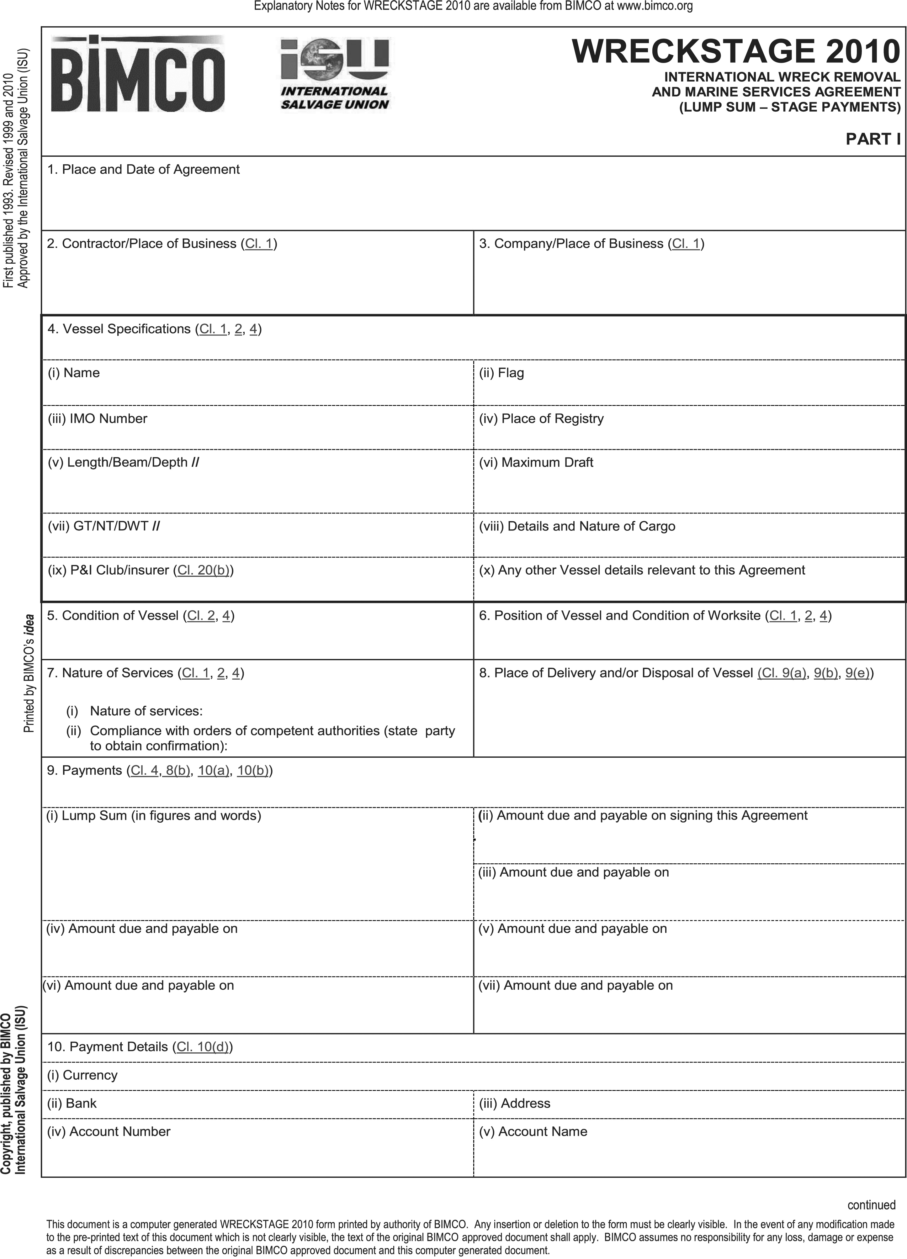 A document page for the Wreckstage 2010 agreement, labeled Appendix 23, Part I. This form is for the International Wreck Removal and Marine Services Agreement and features logos for BIMCO and the International Salvage Union (ISU). It contains ten numbered sections with fields for details such as Place and Date of Agreement, Contractor information, Vessel Specifications, Payments, and Payment Details. Each section has multiple sub-fields to be completed. A footer indicates the document is a computer-generated form from BIMCO.