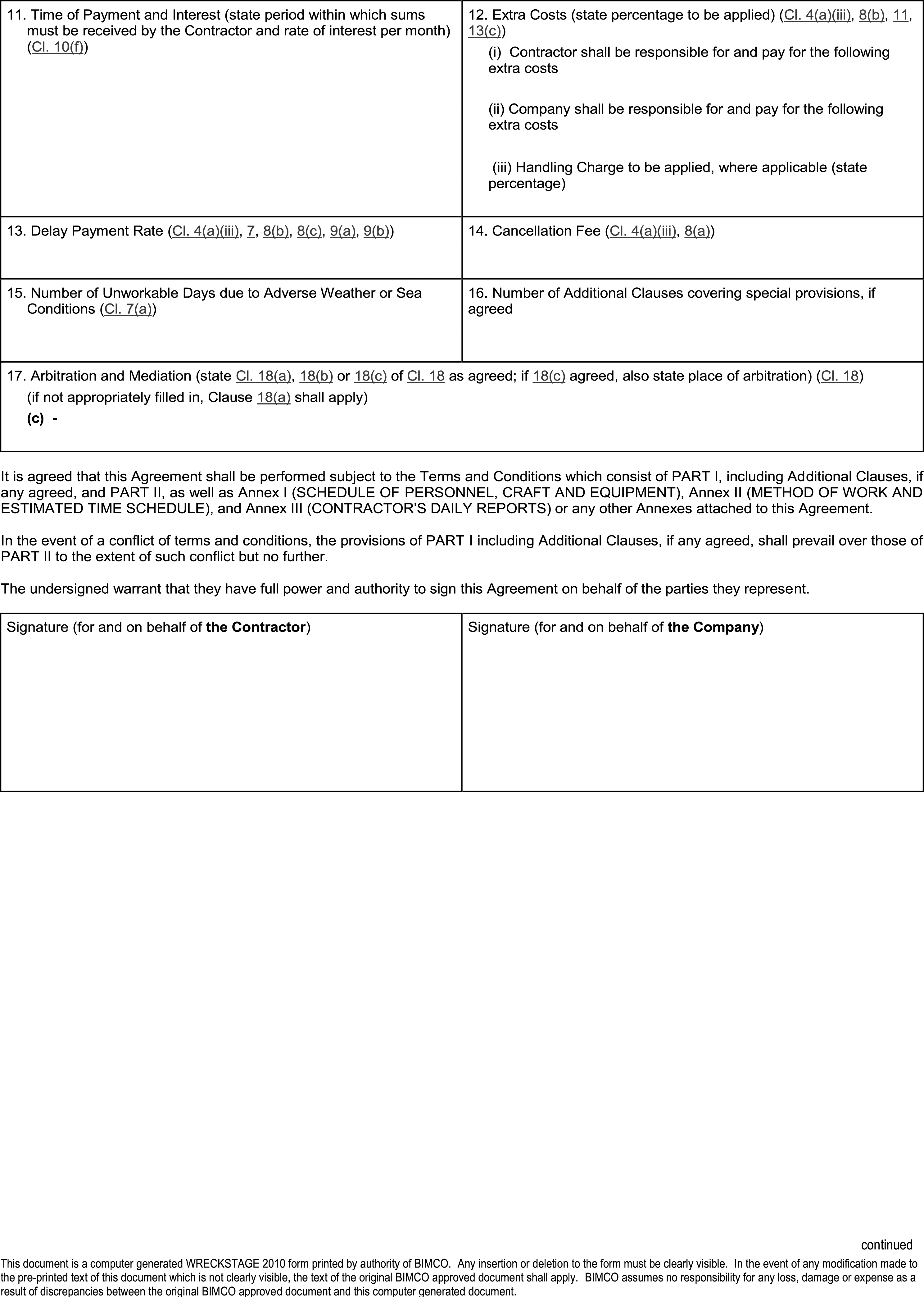 A document page labeled Appendix 23, Part I. The page is a form with numbered sections for details such as Time of Payment and Interest, Extra Costs, Delay Payment Rate, and Cancellation Fee. Other sections include Number of Unworkable Days and Arbitration and Mediation. Below the form fields are several paragraphs of text outlining the agreement. At the bottom, there are two signature boxes, one for the Contractor and one for the Company. The footer identifies the document as a computer-generated WRECKSTAGE 2010 form.