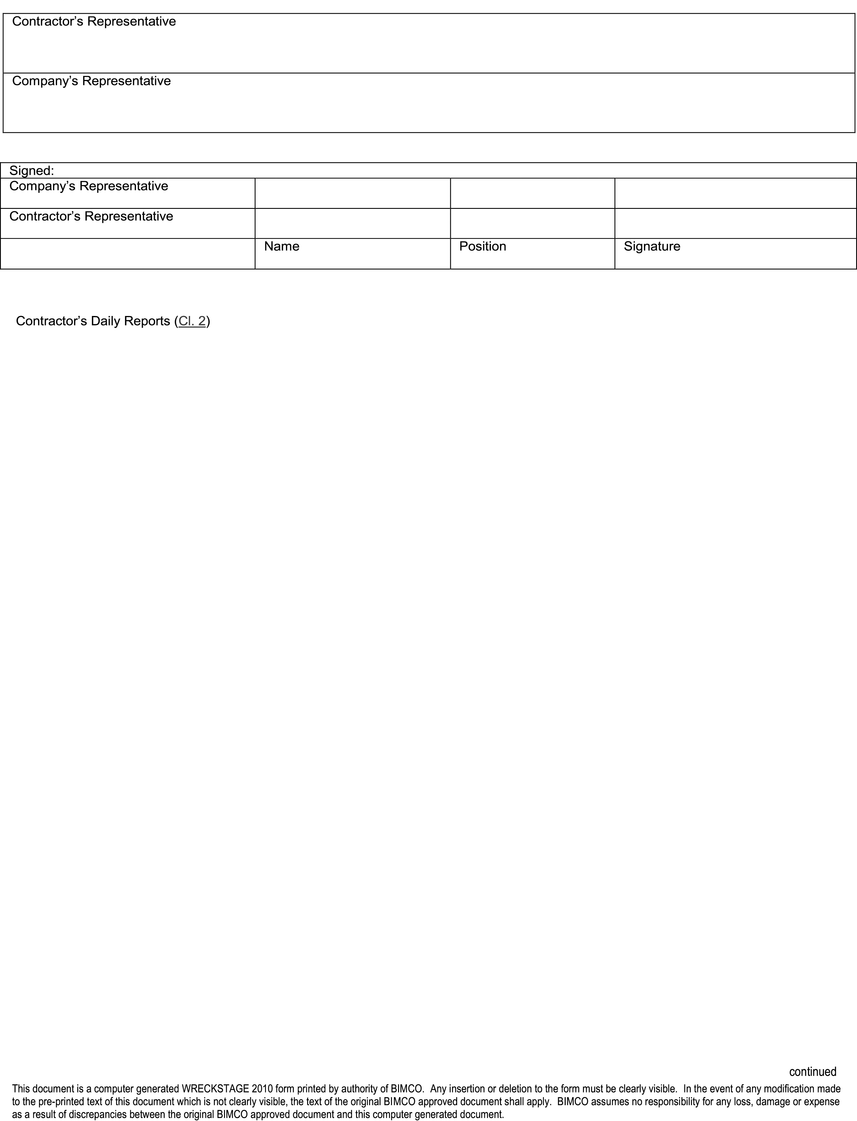 A document page labeled Appendix 23, Part I. The page includes blank fields for the Contractor’s Representative and the Company’s Representative. Below this is a signature block for both representatives, with columns for name, position, and signature. A heading for Contractor’s Daily Reports is also present. The footer identifies the document as a computer-generated WRECKSTAGE 2010 form printed by authority of BIMCO.