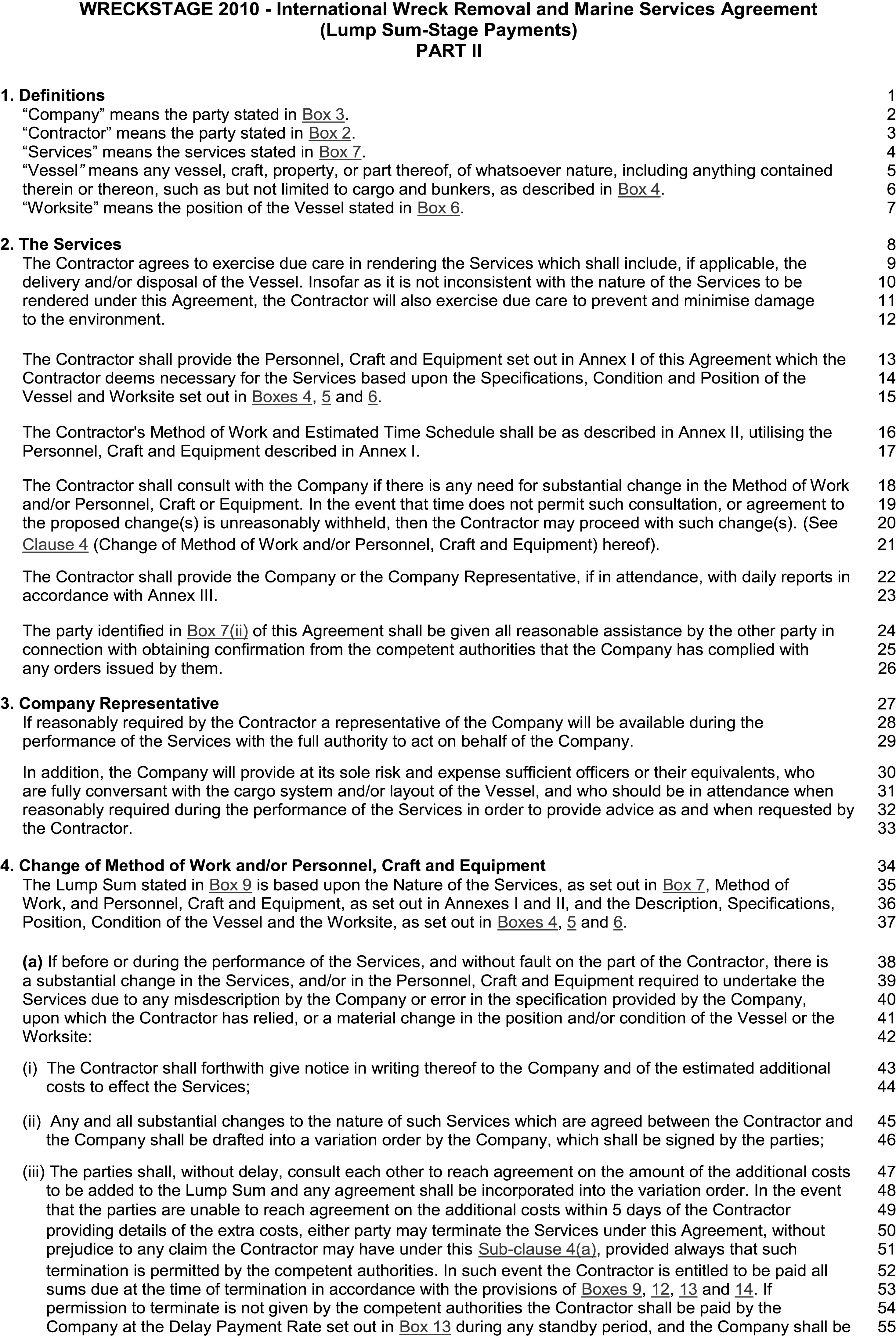 A document page titled Appendix 23, Part II of the WRECKSTAGE 2010 - International Wreck Removal and Marine Services Agreement (Lump Sum-Stage Payments). The text is divided into four numbered sections: Definitions, The Services, Company Representative, and Change of Method of Work and/or Personnel, Craft and Equipment. The right margin is numbered by line, from 1 to 55.