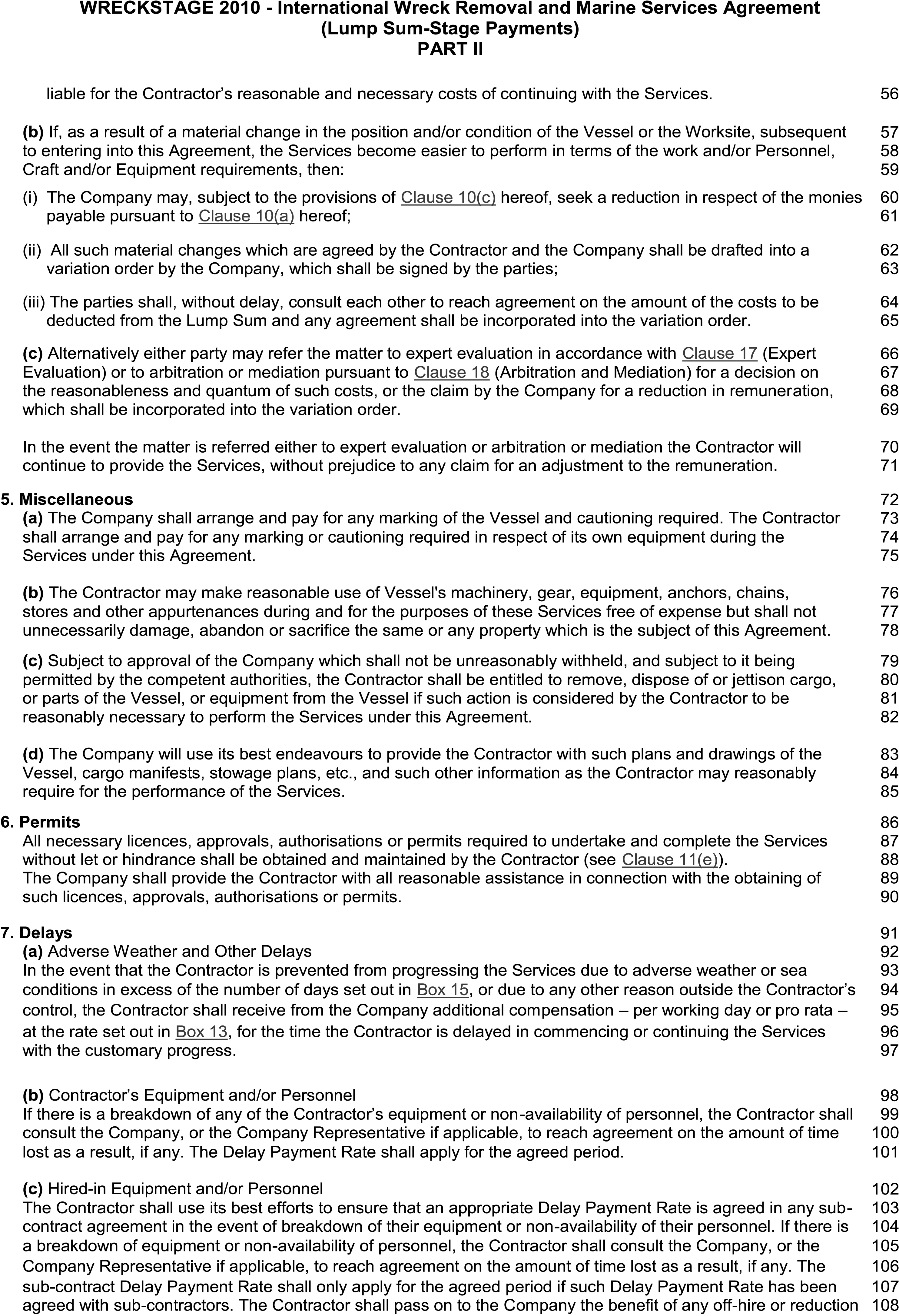A document page labeled Appendix 23, Part II of the WRECKSTAGE 2010 agreement for International Wreck Removal and Marine Services (Lump Sum - Stage Payments). The page displays numbered and lettered clauses covering topics including Miscellaneous, Permits, and Delays. Each line of the agreement is numbered along the right margin, with numbers running from 56 to 108.