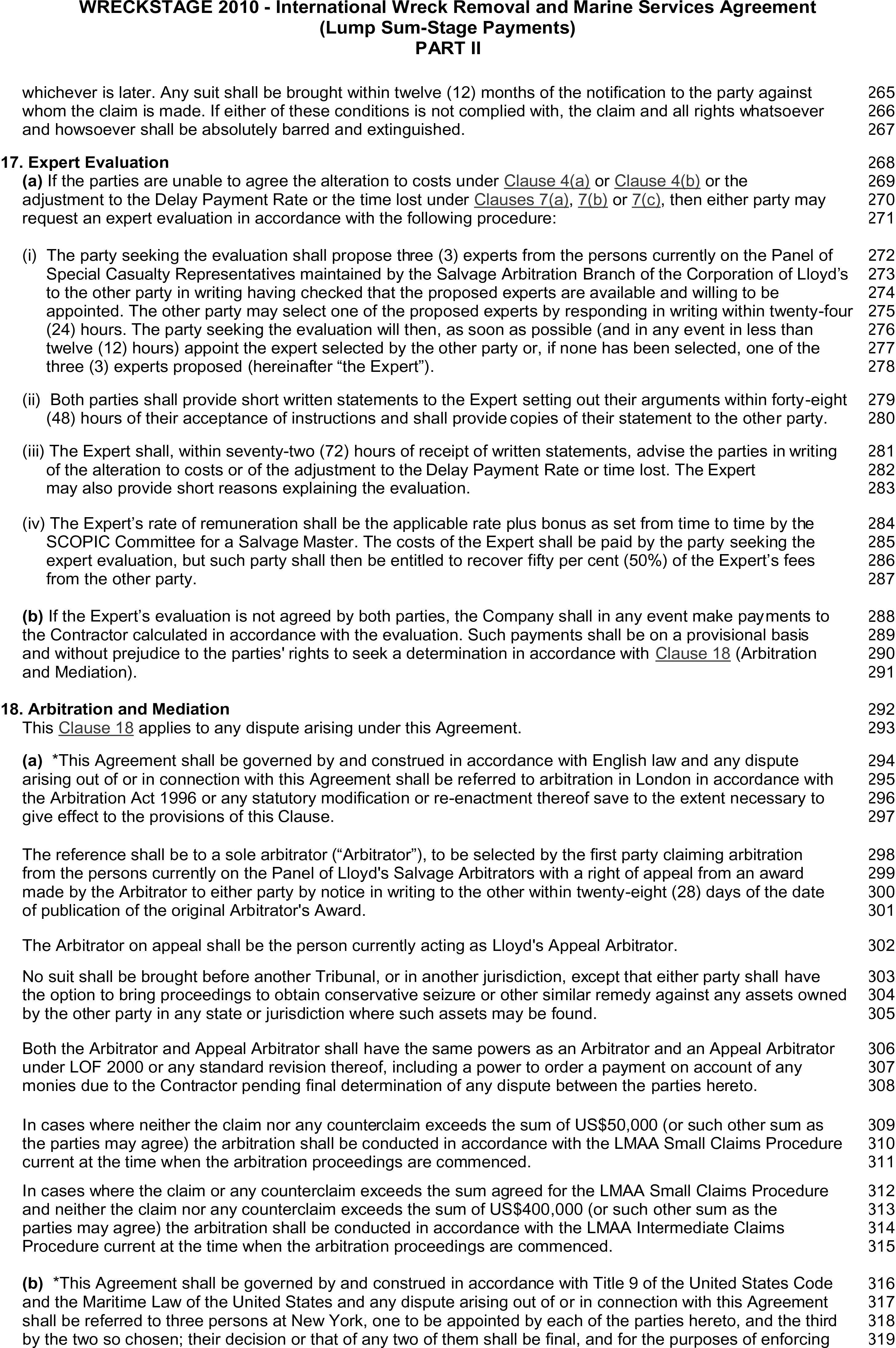 A page from Appendix 23, Part II of the WRECKSTAGE 2010 agreement, titled International Wreck Removal and Marine Services Agreement. The page details procedures under two main headings: Section 17, Expert Evaluation, and Section 18, Arbitration and Mediation. The text outlines processes for dispute resolution, including selecting experts and the legal frameworks for arbitration under English law and United States law. Line numbers from 265 to 319 run down the right side of the page.