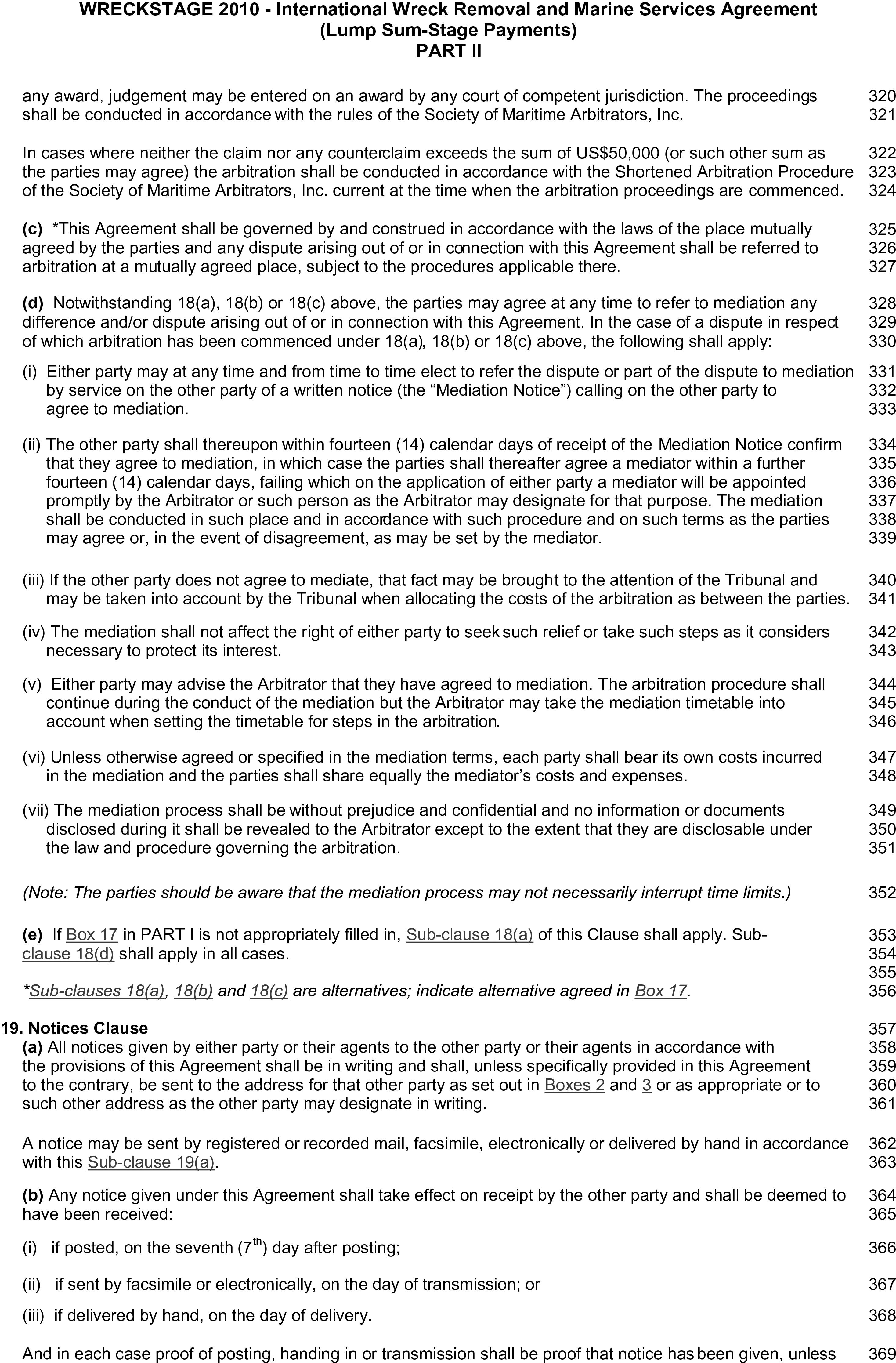 A document page from Appendix 23, Part II of the WRECKSTAGE 2010 International Wreck Removal and Marine Services Agreement for Lump Sum-Stage Payments. The page contains legal text with line numbers from 320 to 369 in the right margin. The clauses cover procedures for mediation and arbitration. The final section, numbered 19, is the Notices Clause, which details how notices should be given and when they are considered received.